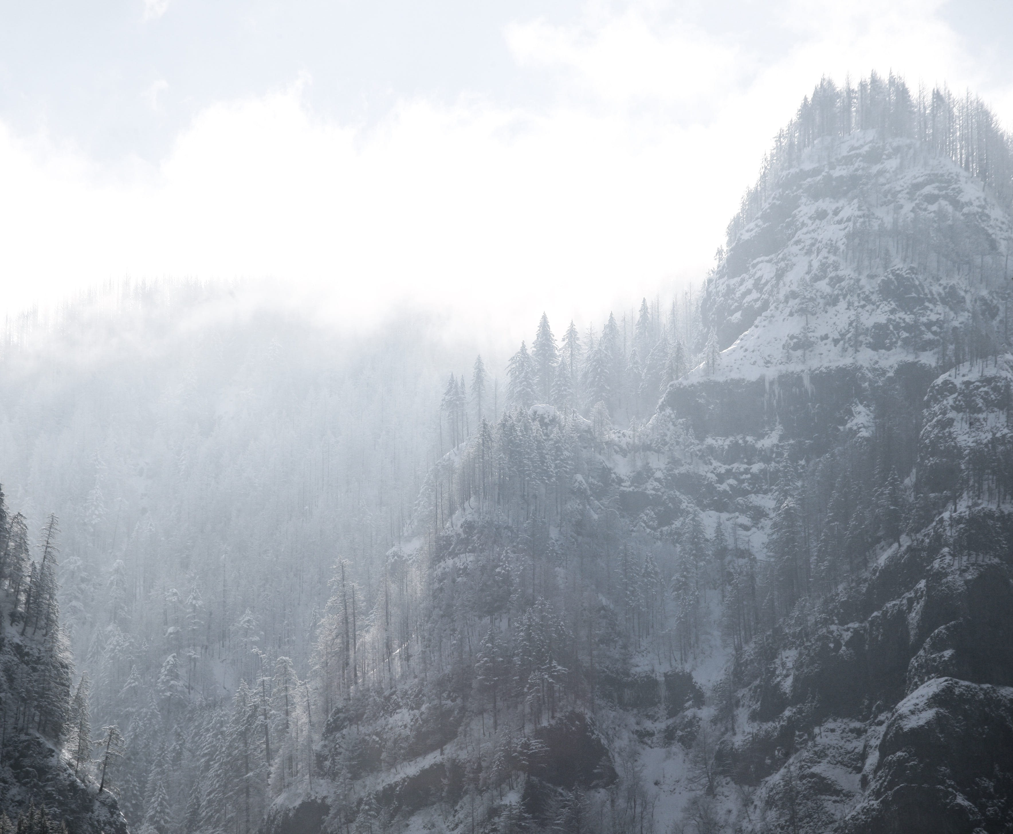 beauty in nature, winter wonderland, moody, mood, snowy, tranquil scene, mountain range, cliff, non-urban scene, winter, tranquility, fog, no people, climate, HD Wallpaper