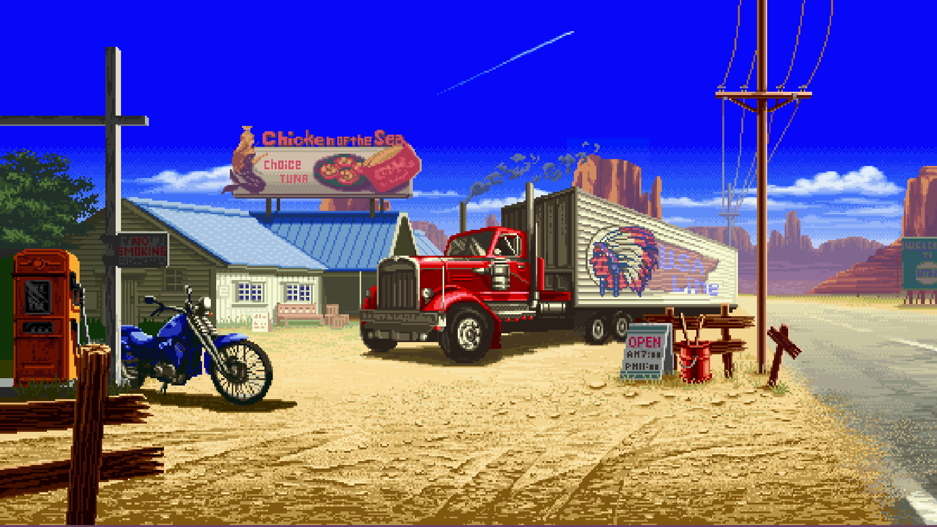 Pixel Art, house, Gas Stations, mountians, 1080P, Pixels, nature, road, Pixelated, Truck, digital art, landscape, Motorcycle, HD Wallpaper