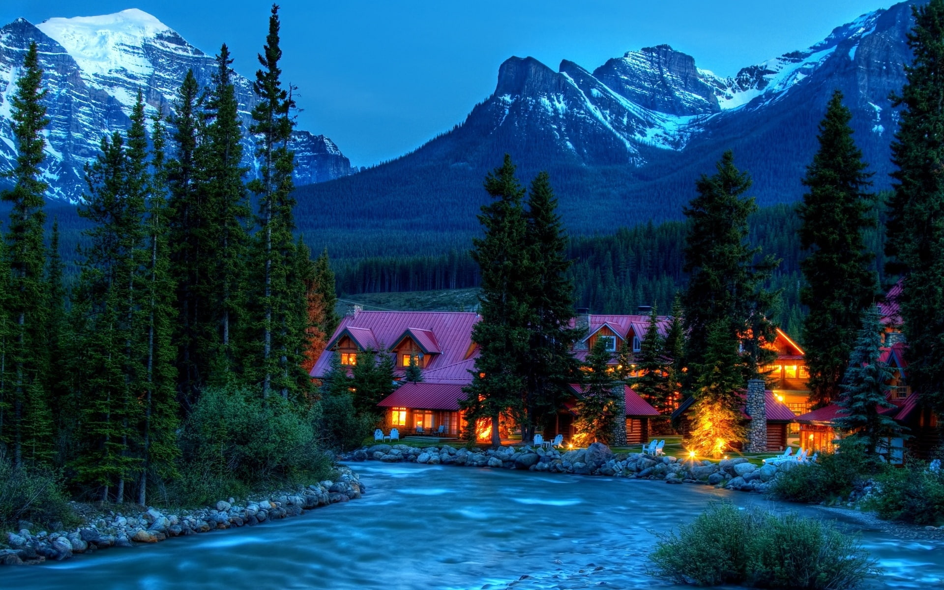landscapes, forests, 1080P, nature, trees, view, hdr, bright, mountians, evening, night, buildings, architecture, window, resort, peaks, scenic, rivers, HD Wallpaper