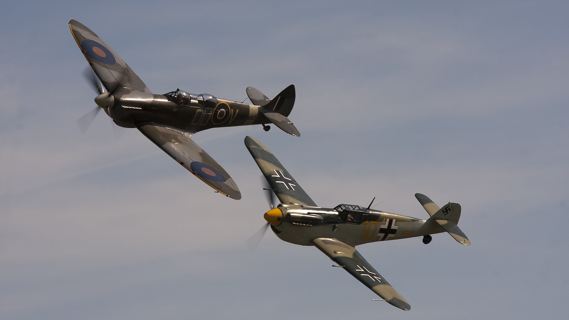 world, war, Spitfire Tr.9, the sky, Messerschmitt, Second, fighters, Bf-109F, times, flight, 1080P, HD Wallpaper