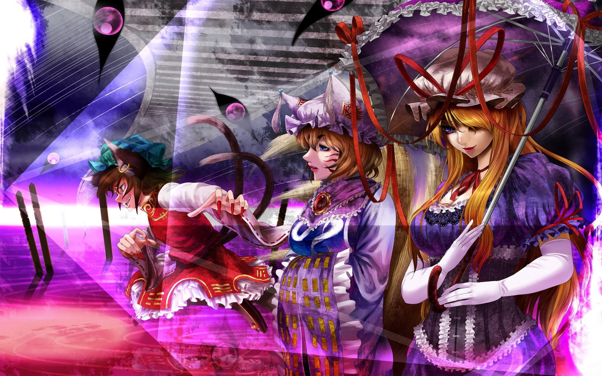 yukari, lips, gloves, tails, nekomimi, purple, kitsunemimi, blue, umbrellas, chen, girls, long, ears, dress, short, hats, ribbons, brunettes, 1080P, blondes, HD Wallpaper