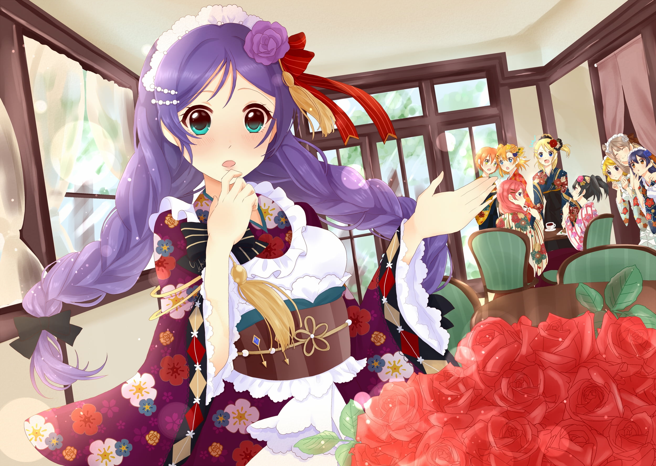 yellow eyes, smiling, purple hair, Side ponytail, hair bows, redhead, artwork, brunette, roses, anime girls, twintails, table, 1080P, flower in hair, red eyes, HD Wallpaper