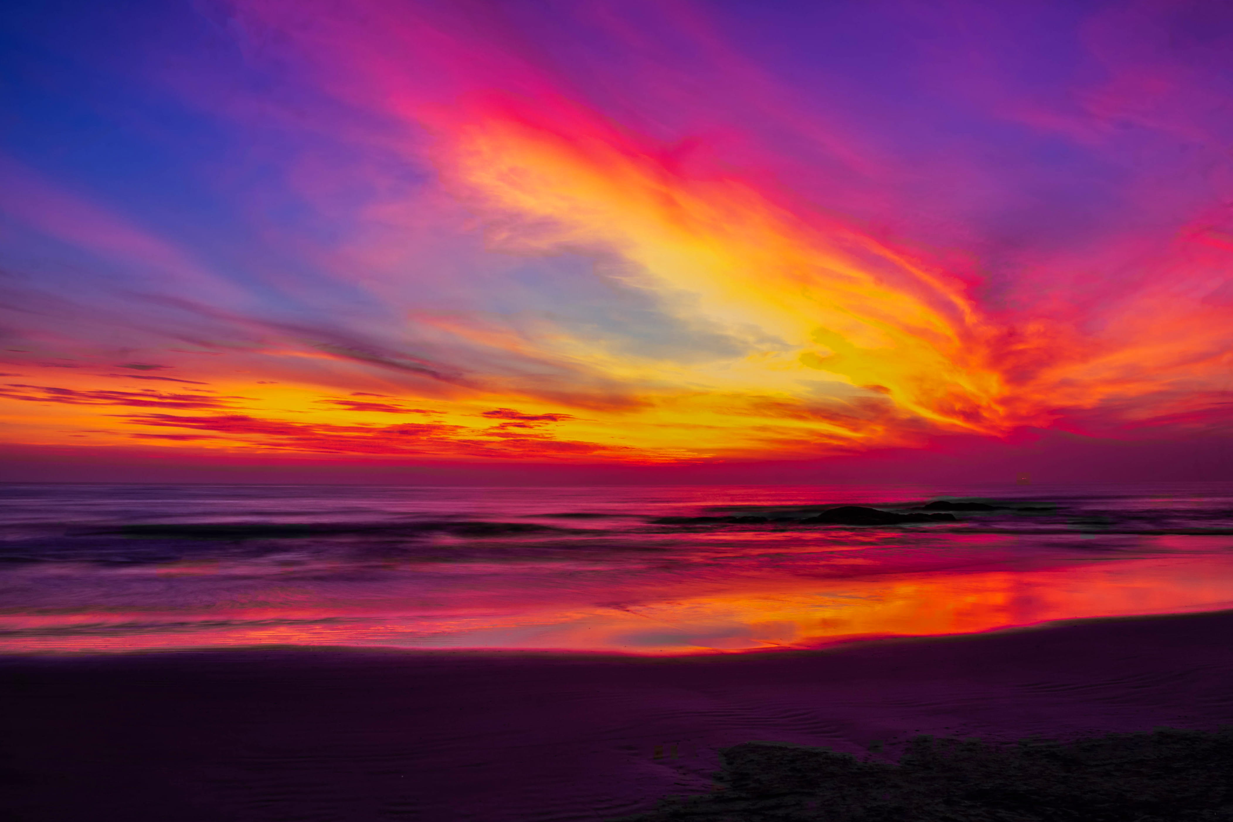 water, saturated color, sky, multi colored, 4K, sea, beauty in nature, nature, shore, scenics - nature, purple, bashing, dramatic sky, no people, outdoors, HD Wallpaper