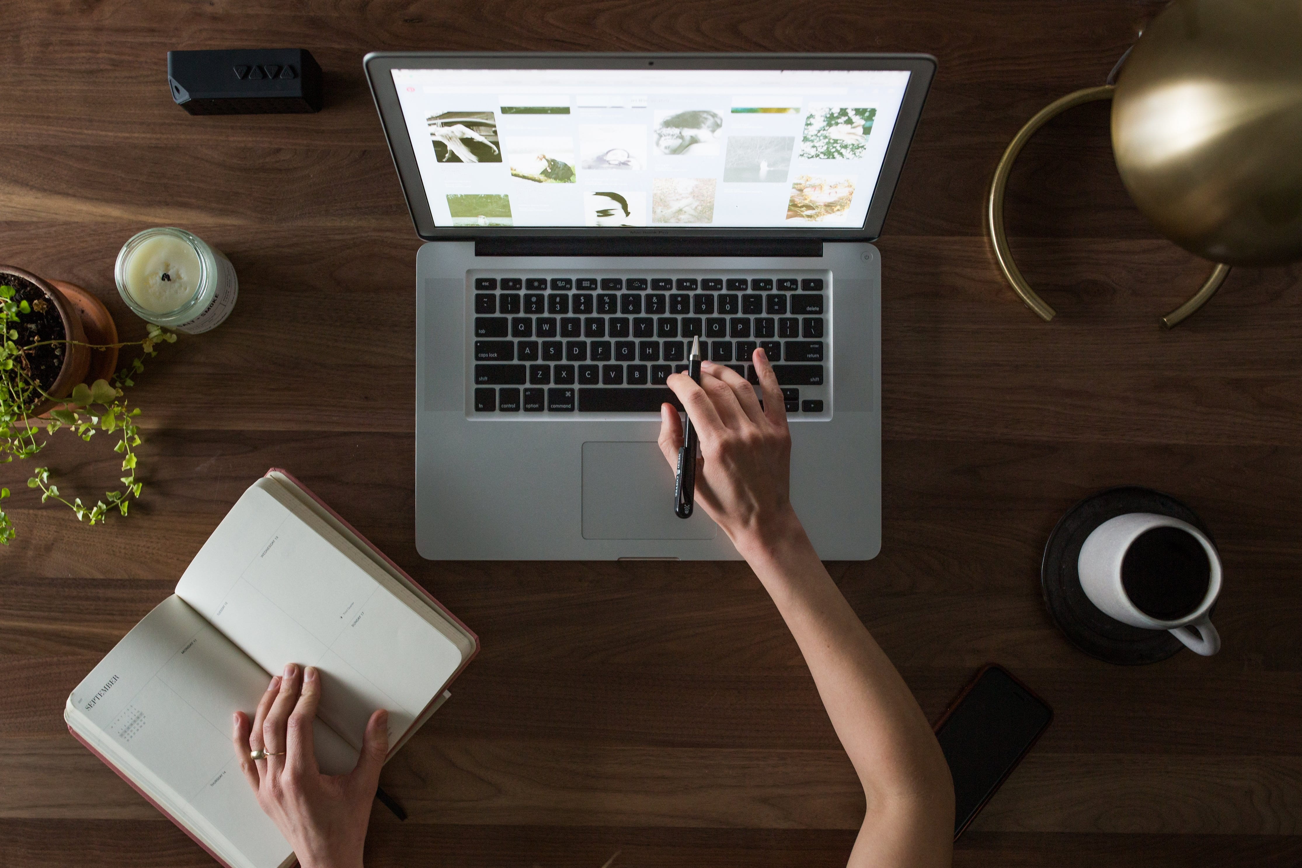one person, using, adult, pro, research, table, computer, study, desk, mug, macbook, wood - material, communication, office, high angle view, work, hand, HD Wallpaper
