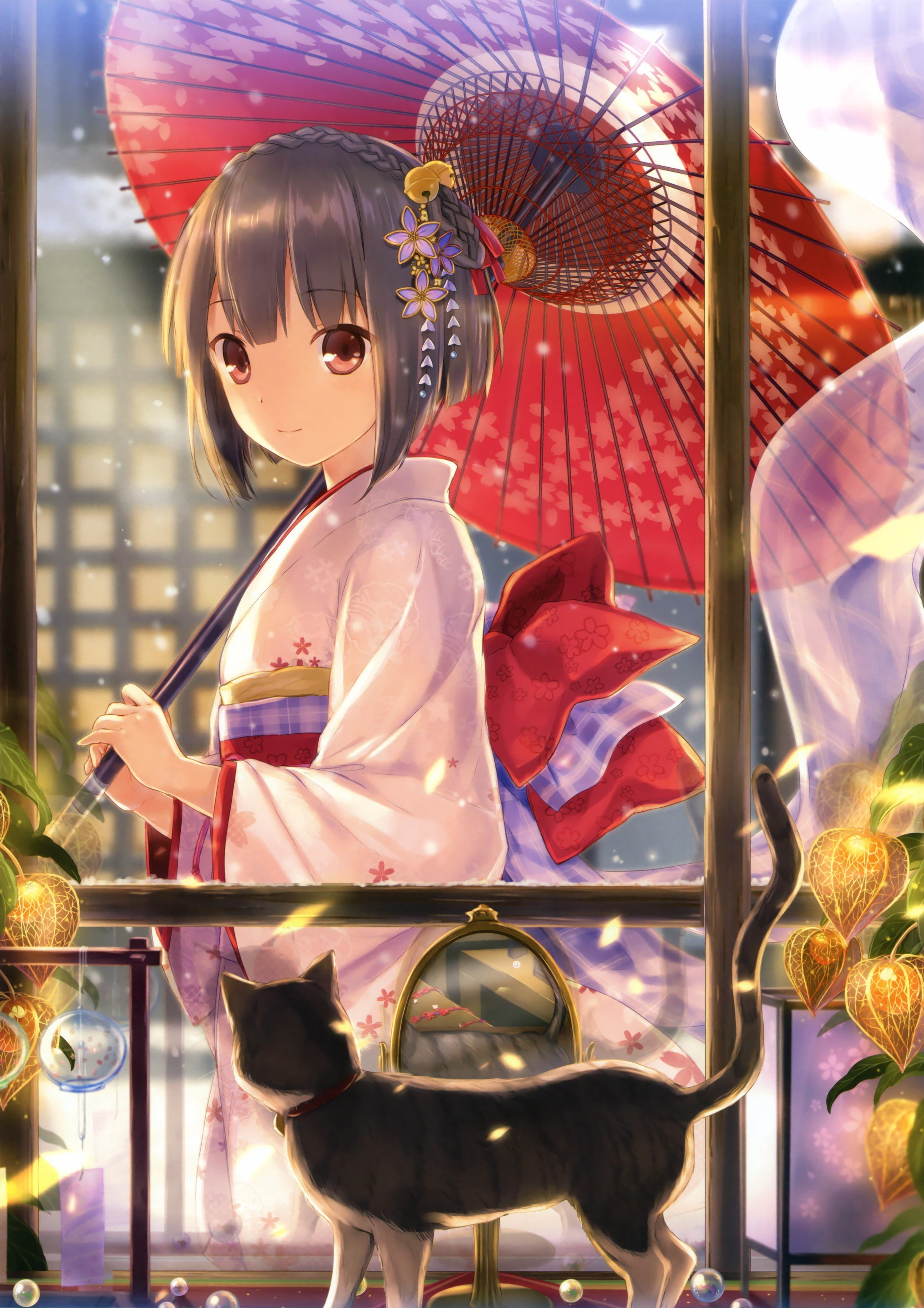 human representation, festival, anime girls, art and craft, umbrella, outdoors, anime, representation, 2K, no people, glass - material, retail display, Phone HD Wallpaper