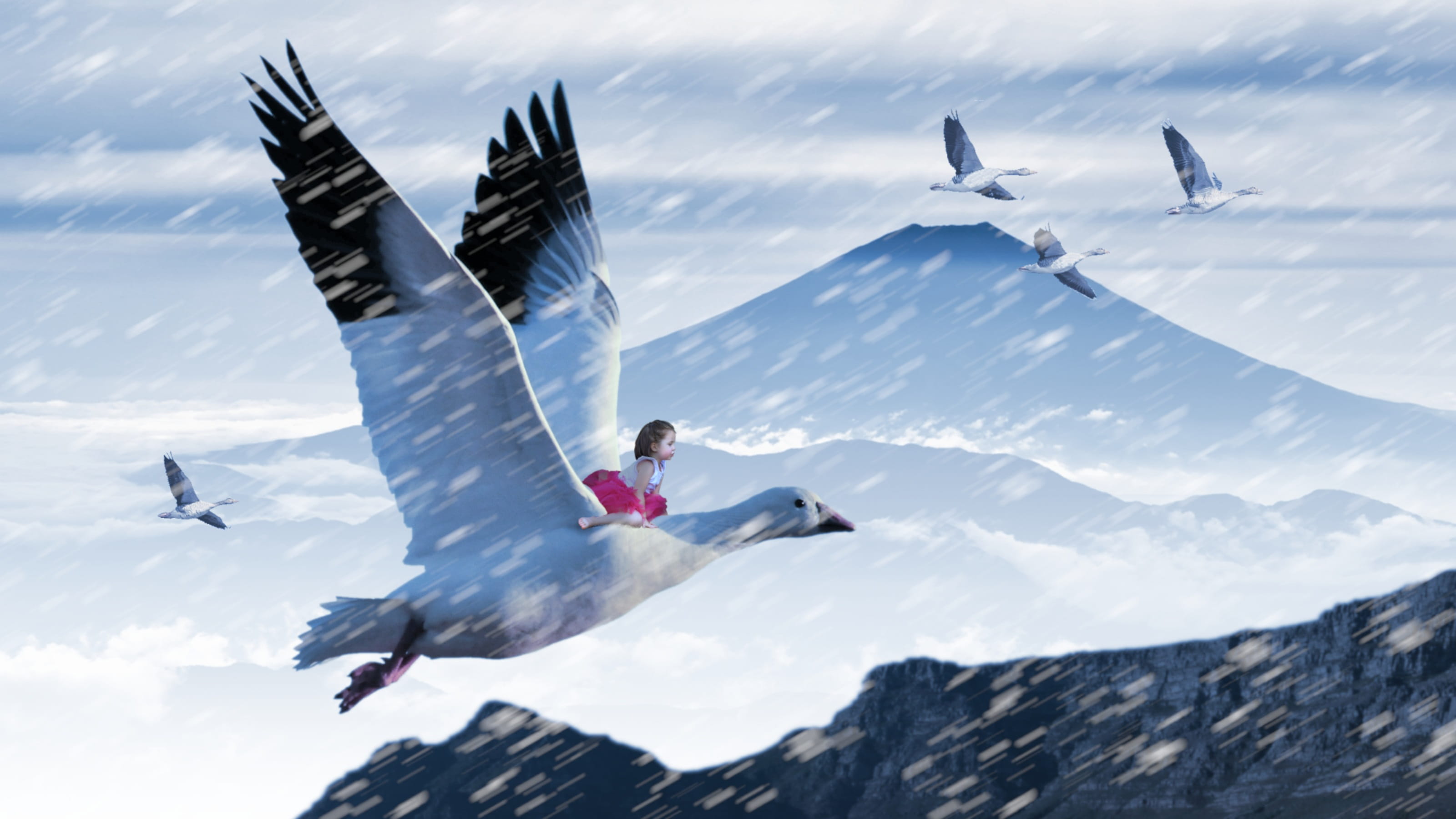 bird, trick, photo editing, snow, human arm, goose, day, fantasy, mountains, animal wildlife, mid-air, mountain range, beauty in nature, gimp, mountain, HD Wallpaper