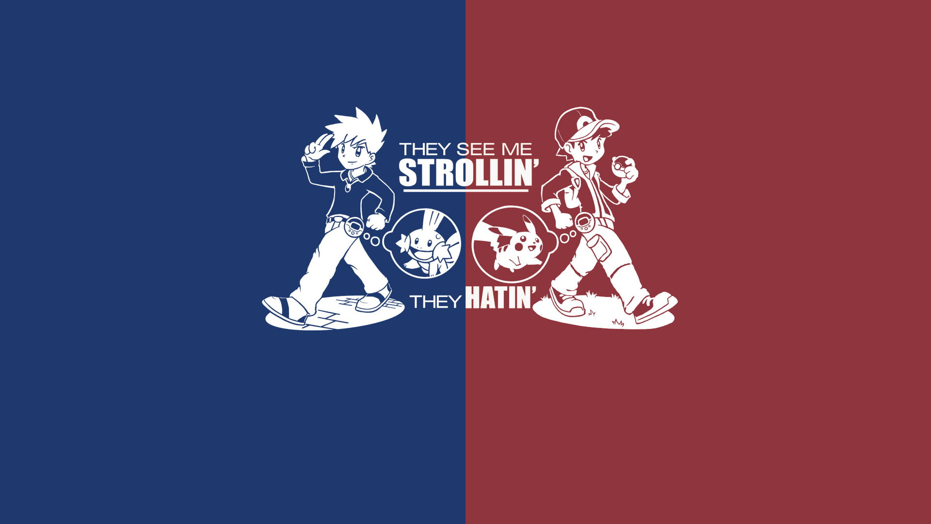 1080P, Blue (Pokémon), Red (Pokémon), Pokémon, Pikachu, Mudkip (Pokémon), HD Wallpaper