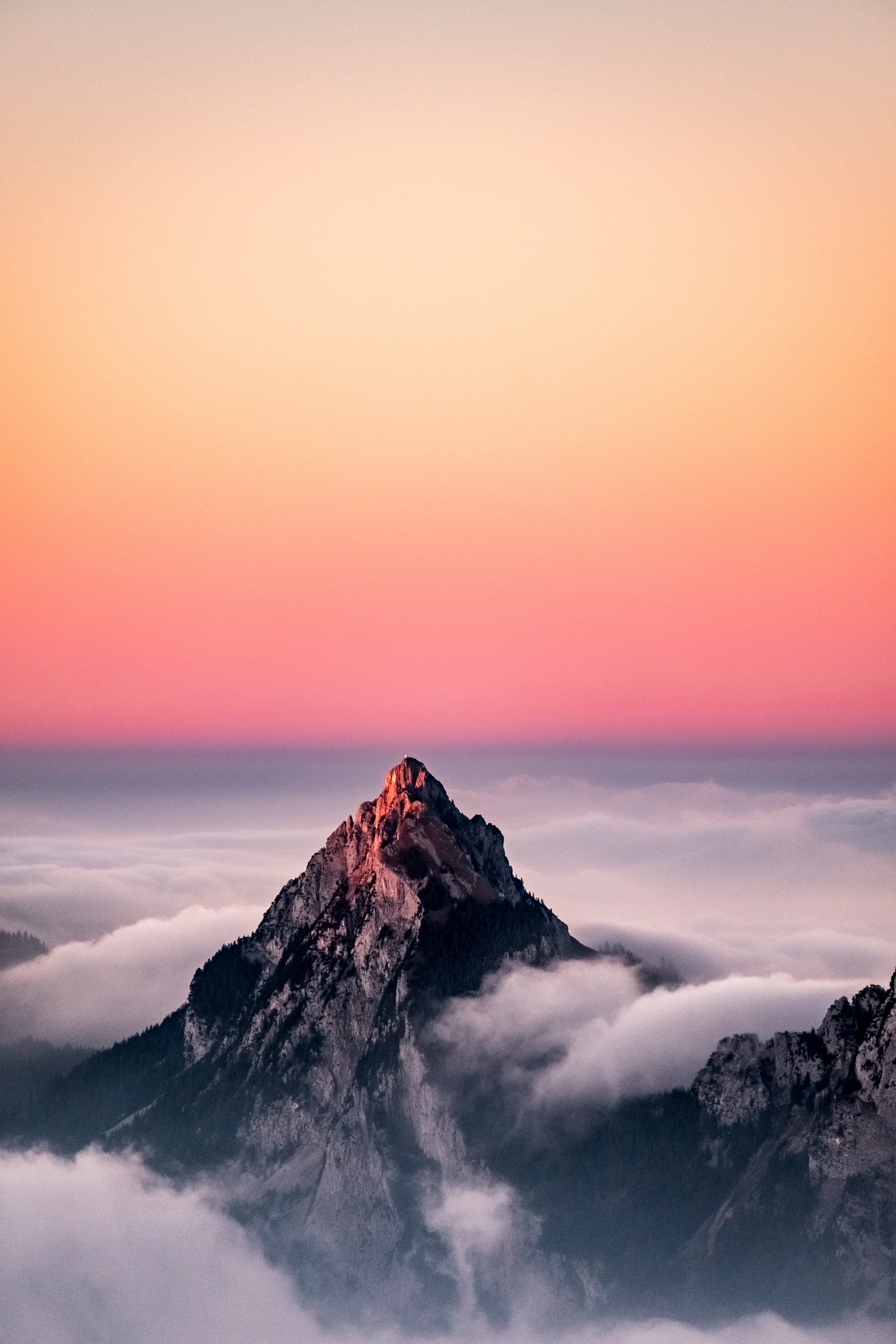 smarphone, dawn, landscape, kleiner mythen, rock, outdoors, sky, fog, idyllic, mountain, romantic sky, glow, tranquil scene, cloud, apple, mythen, evening, Phone HD Wallpaper