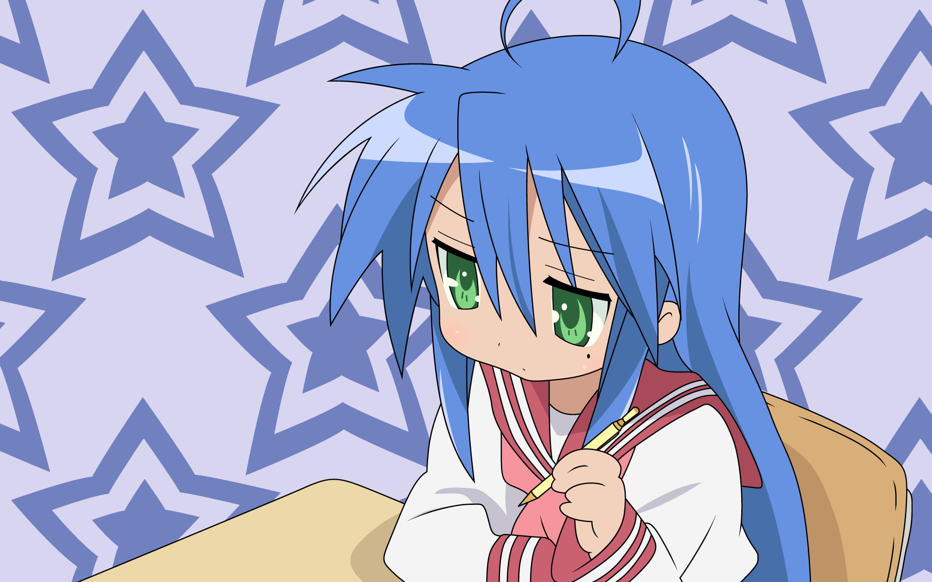 green eyes, anime girls, anime, Izumi Konata, blue hair, Lucky Star, 1080P, pencils, HD Wallpaper