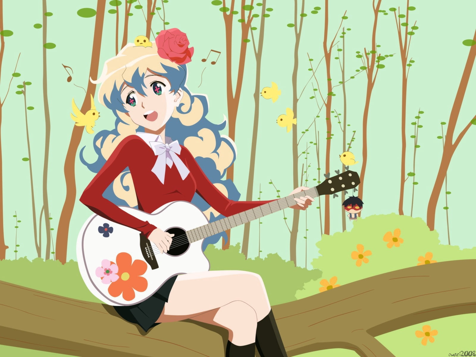 representation, teenage Girls, music, cartoon, one person, birds, flower, backgrounds, string instrument, key ring, illustration, lifestyles, art, nature, HD Wallpaper