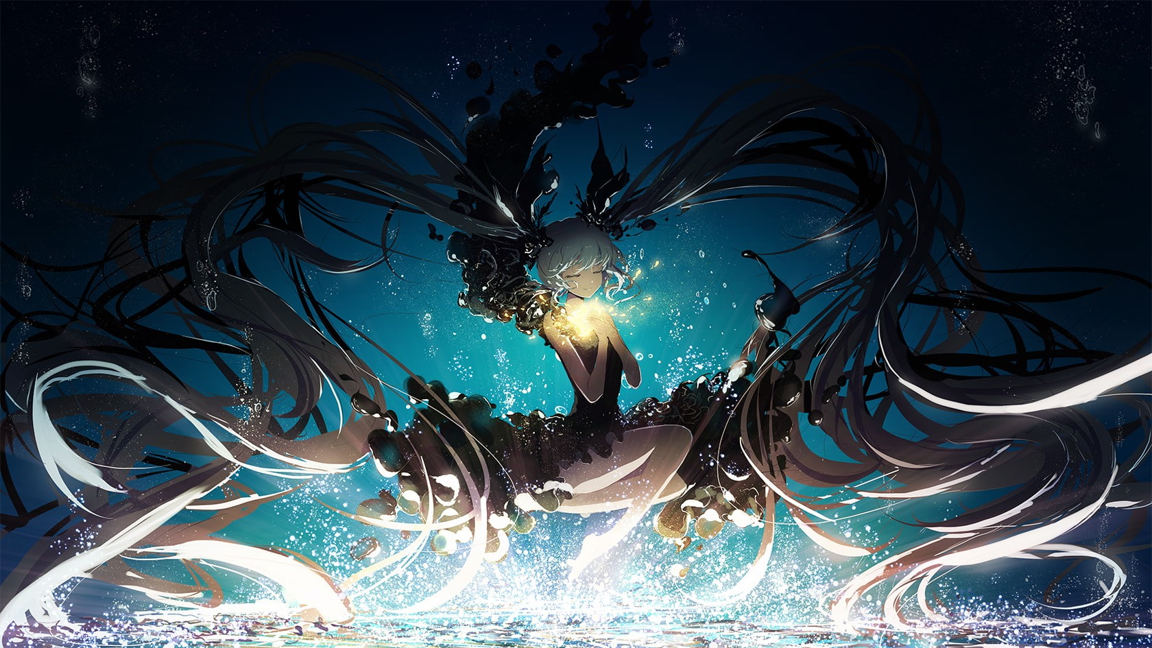 long hair, bubbles, Barefoot Gen, 720P, twintails, water, barefoot, black dress, Hatsune Miku, Vocaloid, underwater, aqua hair, deep sea, HD Wallpaper