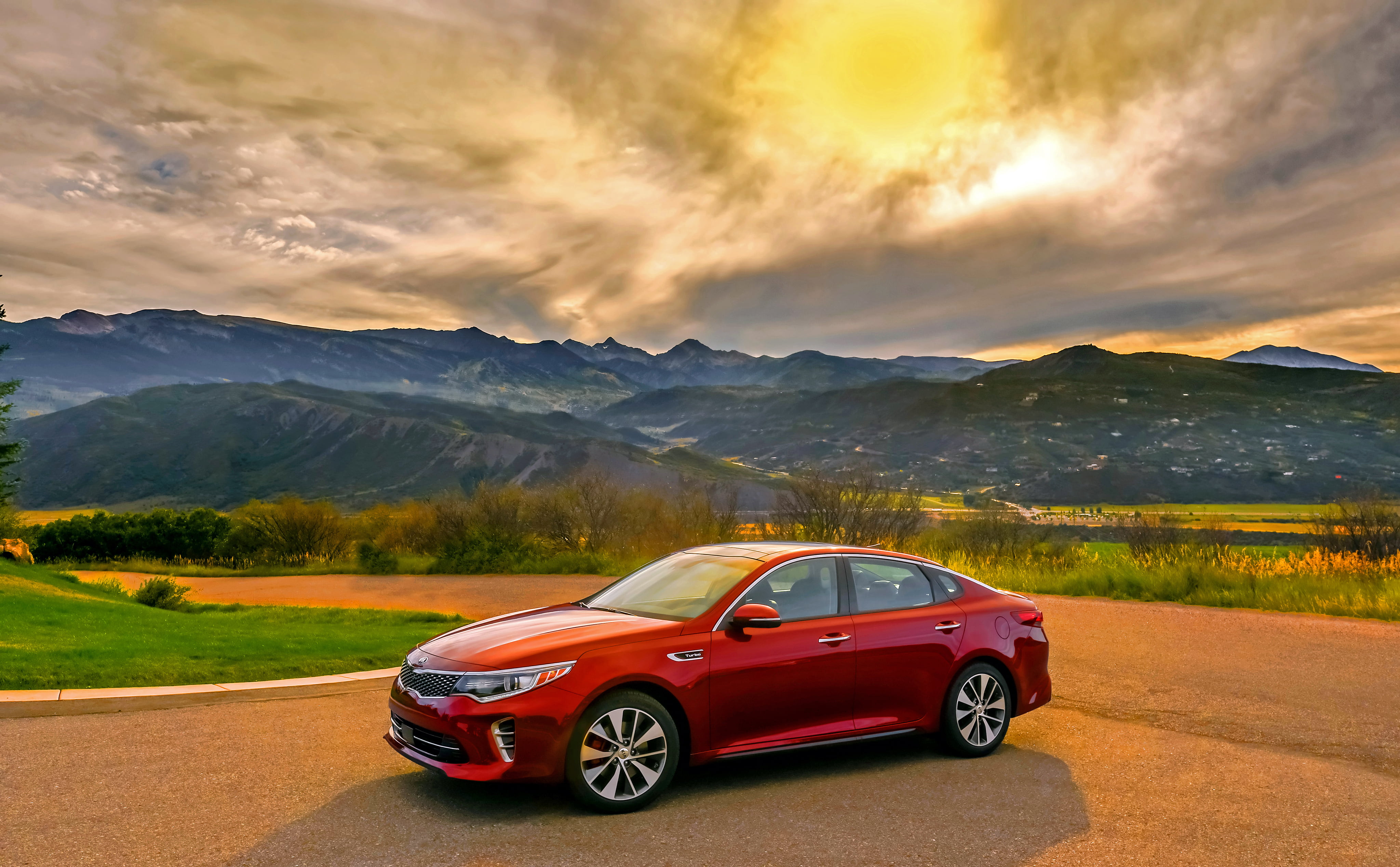 red, mountain range, mode of Transport, sedan, 4K, mode of transportation, engine, summer, mountains, sports Car, transportation, scenics - nature, grass, HD Wallpaper