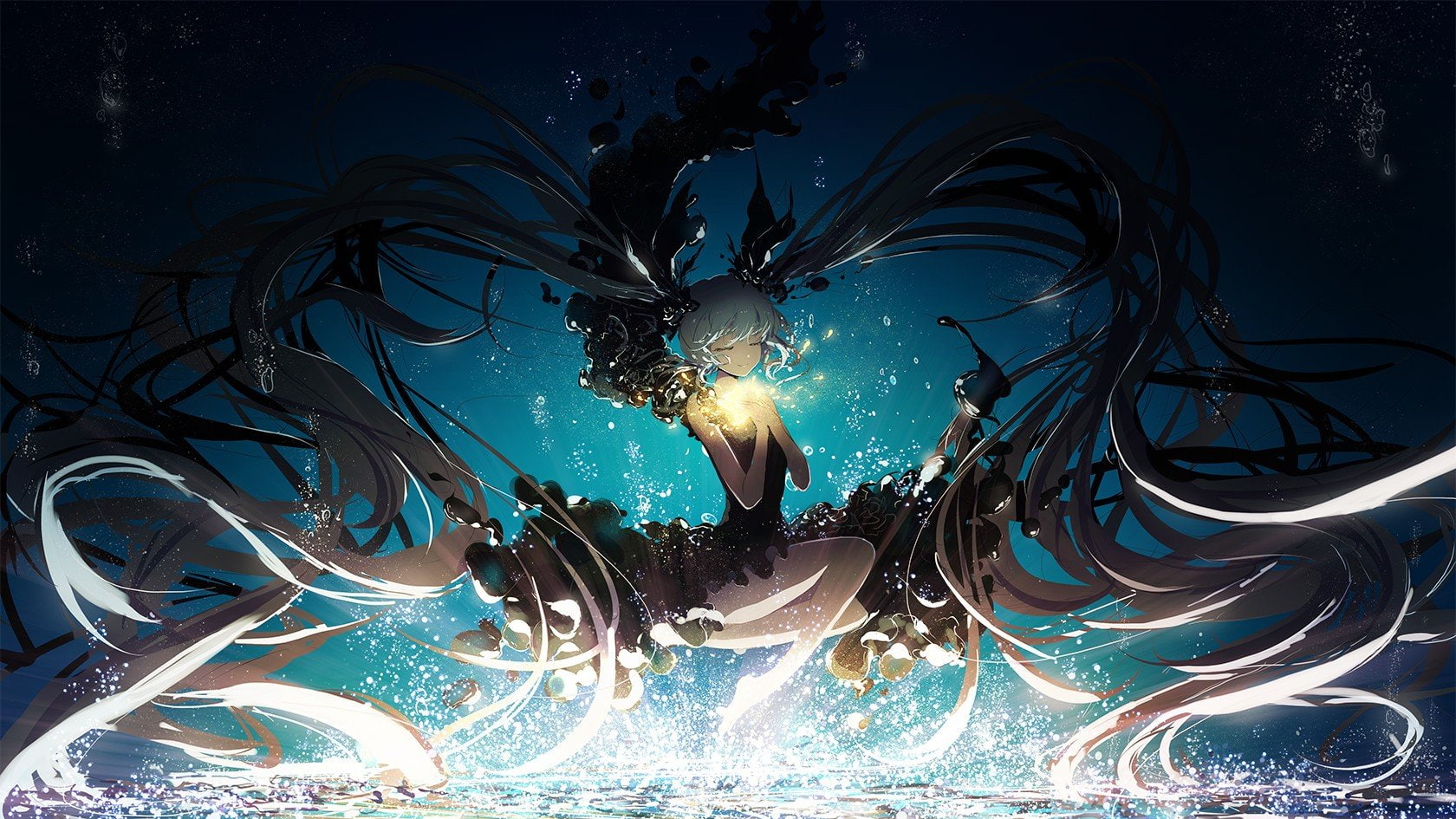 barefoot long hair aqua hair barefoot gen bubbles deep sea black dress hatsune miku twintails underwater vocaloid water, 720P, HD Wallpaper