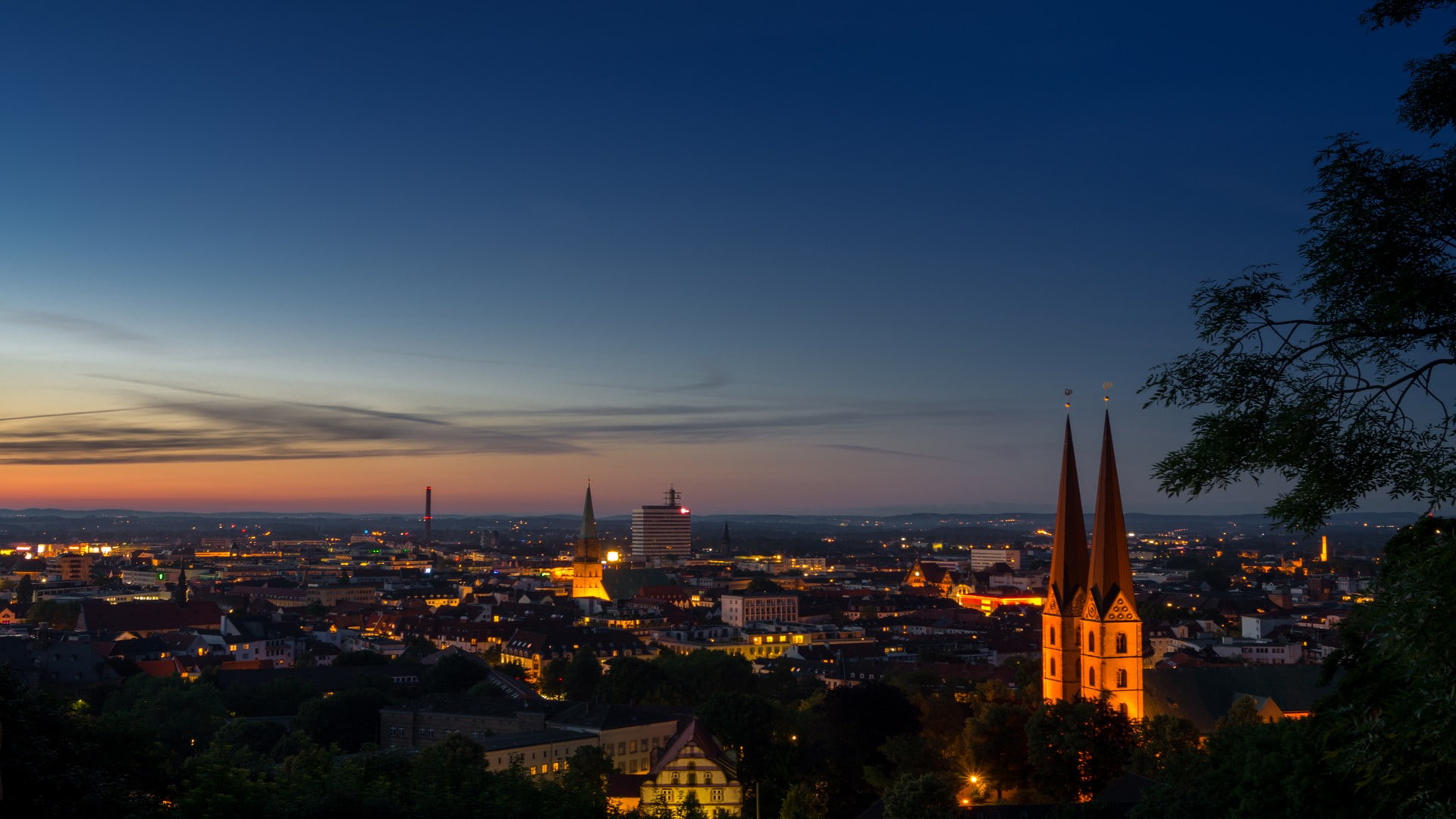Bielefeld, 1080P, city lights, cityscape, sunset, HD Wallpaper