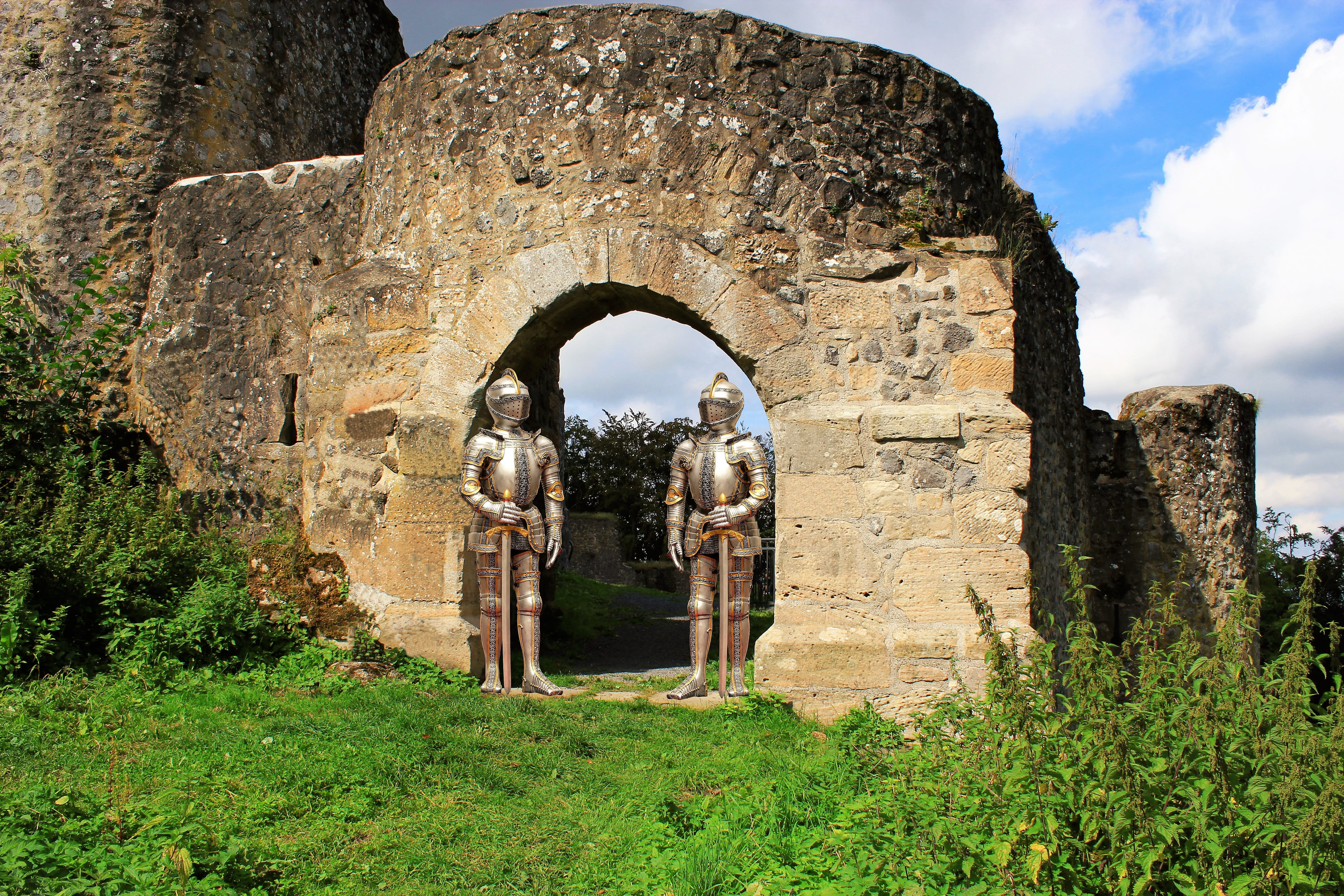 sword, curtain wall, medieval castle ruins, travel, sky, ancient, old Ruin, ancient civilization, knight, building, abandoned, no people, day, plant, old, HD Wallpaper