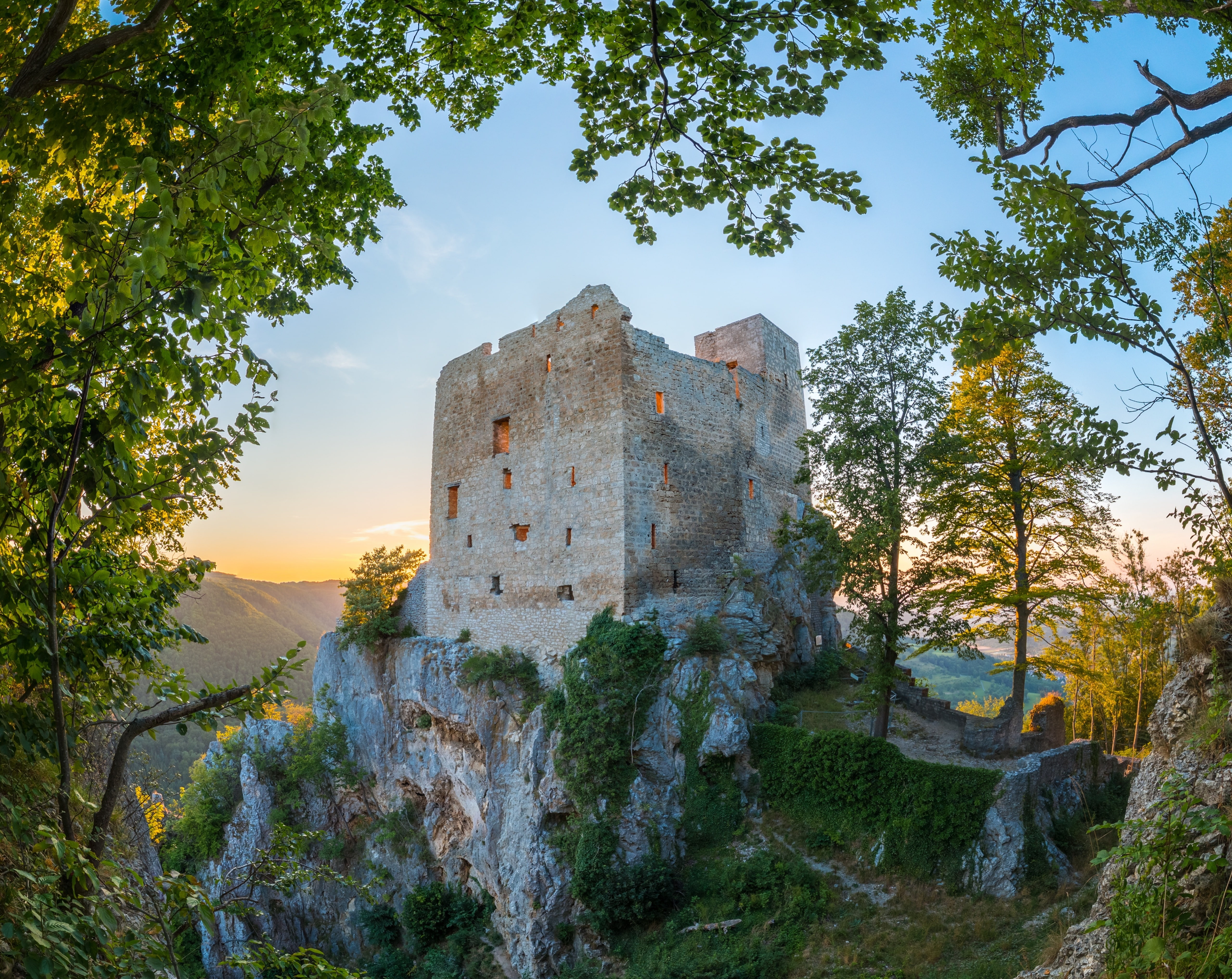 Fisheye, Sunset, brown, the past, burgruine, ruins, sky, travel destinations, ruined, Light, history, old, substantiate, outdoors, ancient, BurgruineDurnstein, HD Wallpaper