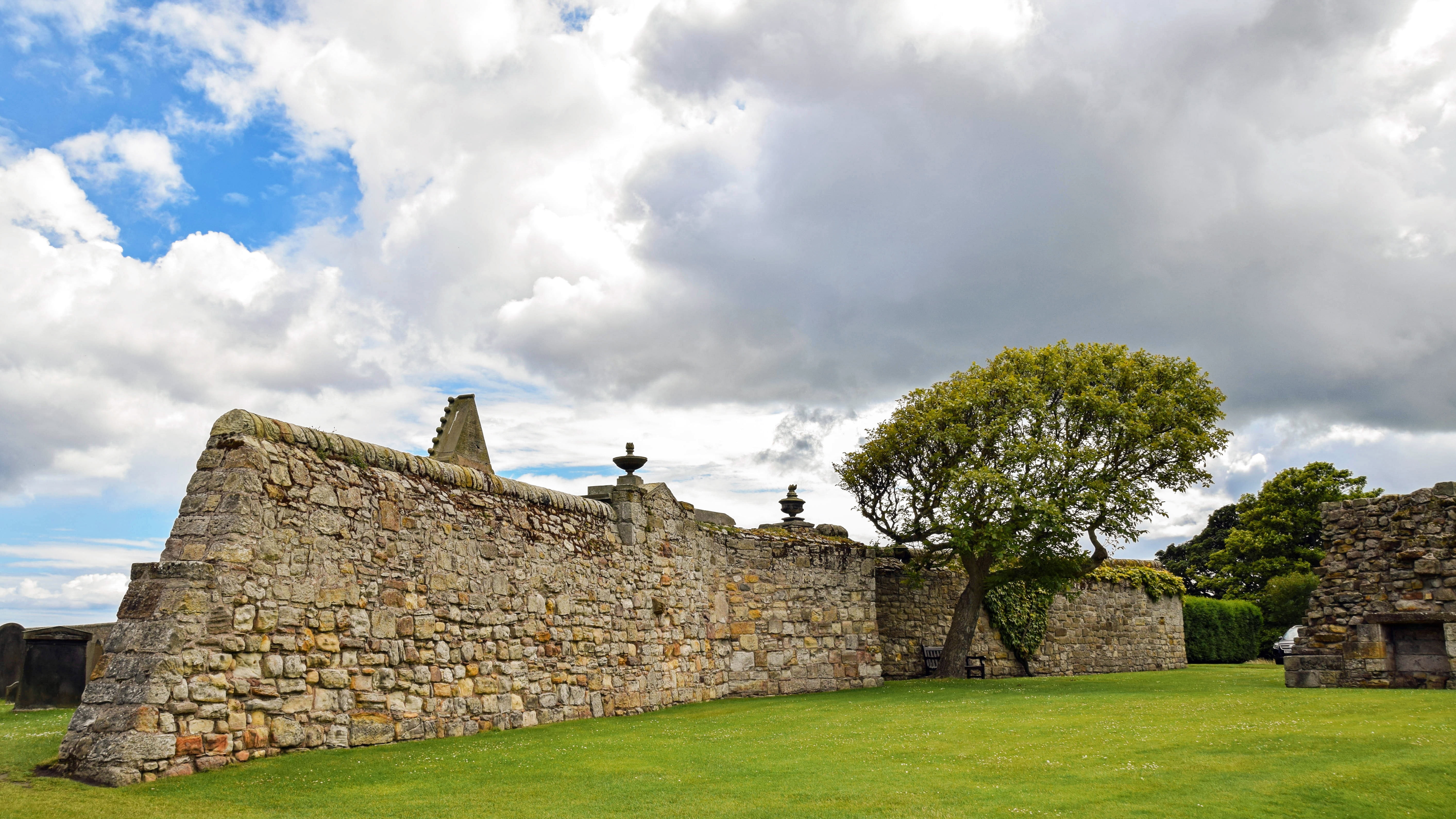old, no people, grass, outdoors, scotland, sky, building exterior, stone wall, land, building, famous Place, built structure, nature, the past, tree, clouds, HD Wallpaper