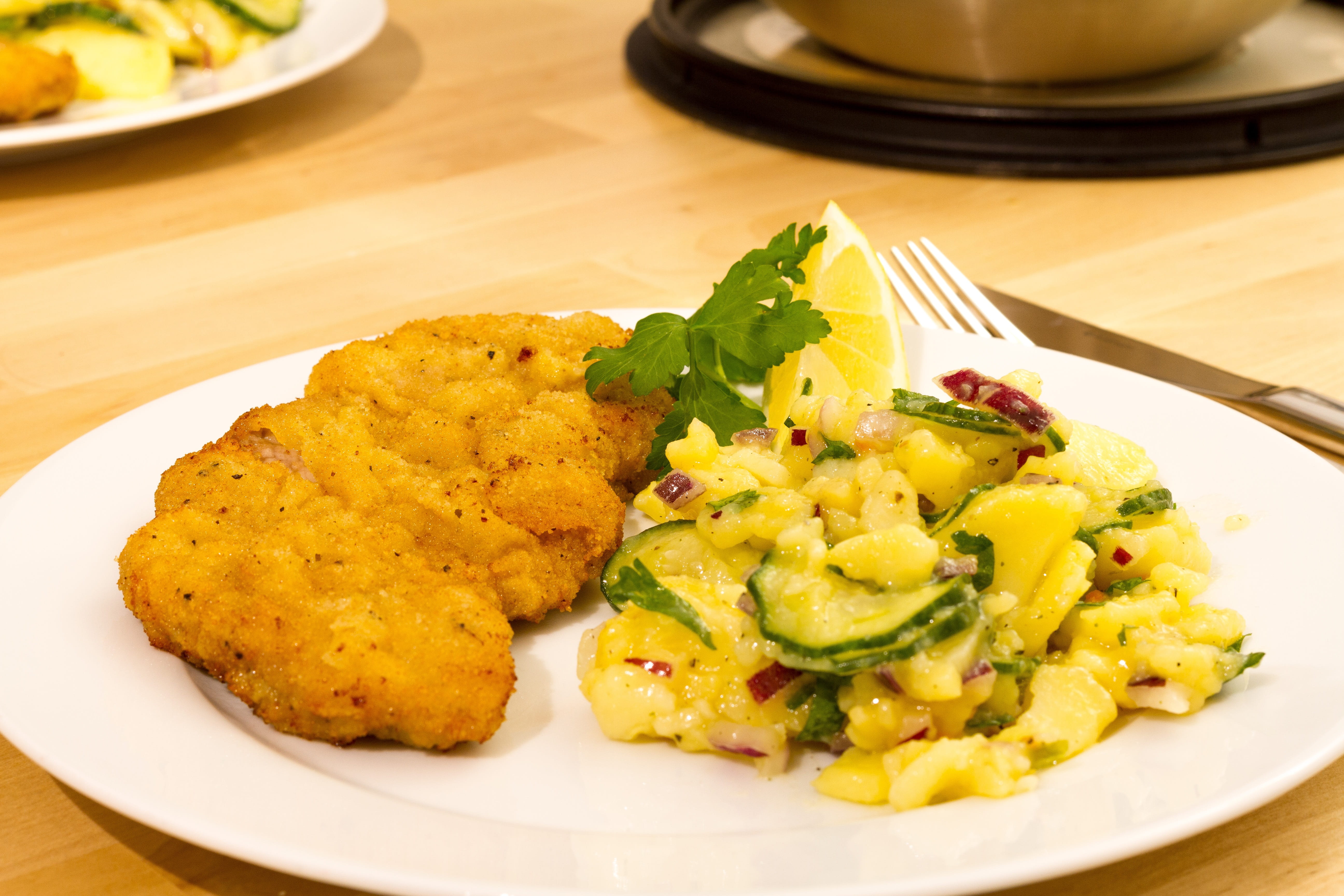 Eat, garnish, meal, plate, still life, food and drink, meat products, egg, beside, serving size, 5K, wiener schnitzel, table, snack, freshness, kitchen utensil, HD Wallpaper