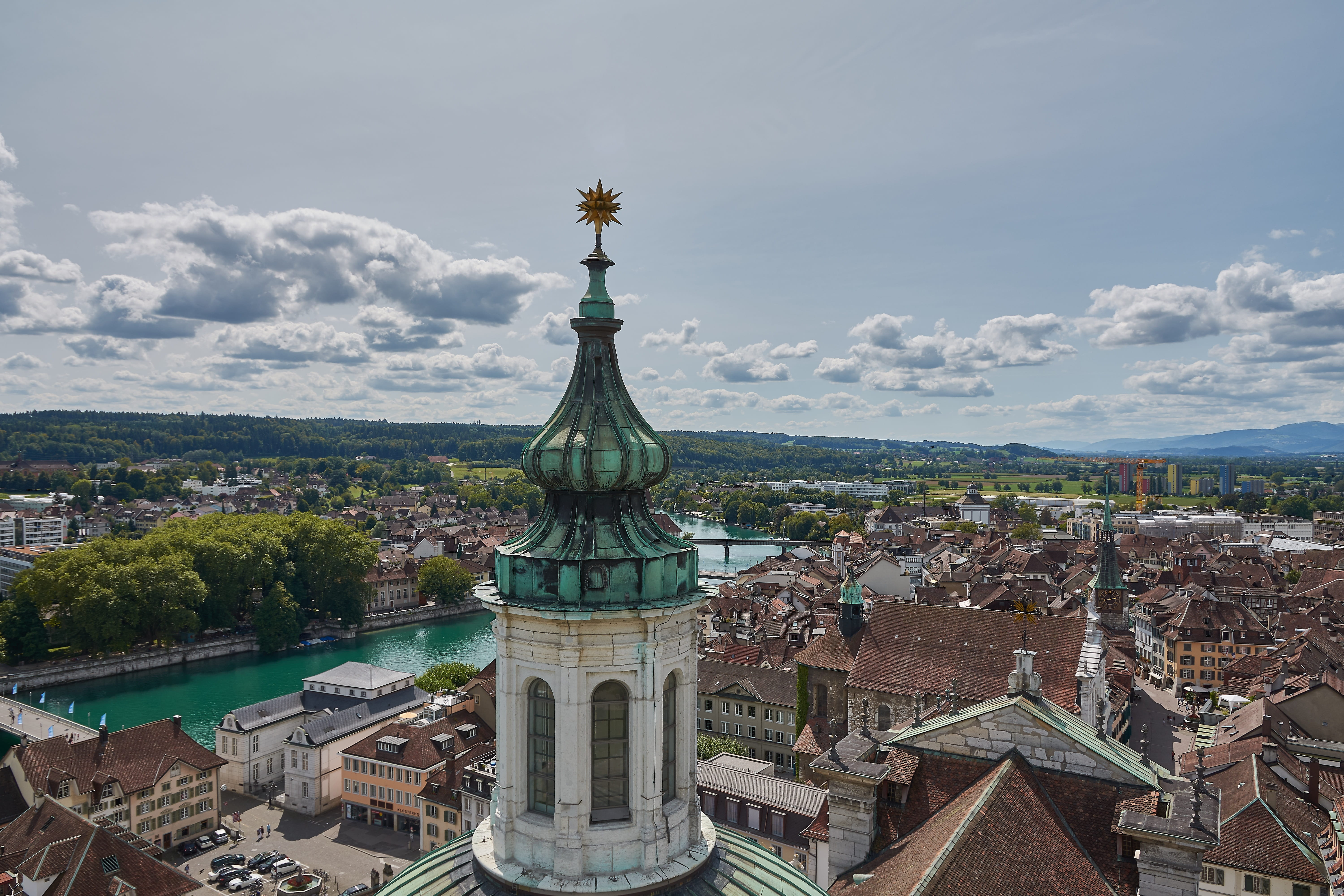 sky, building exterior, copper, built structure, church, nature, view, summer, the past, old town, capital, 5K, roof, solothurn, religion, place of worship, HD Wallpaper