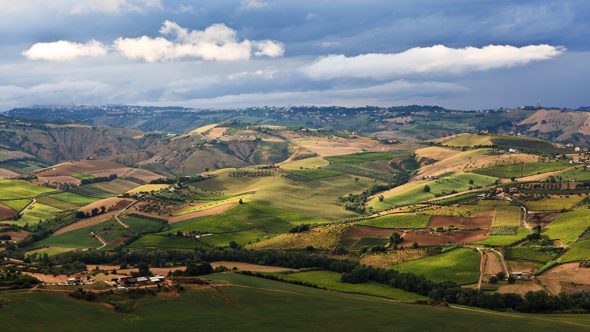 abruzzo, nature and landscapes, fields, aerial, clouds, hills, 1080P, farms, view, around, HD Wallpaper
