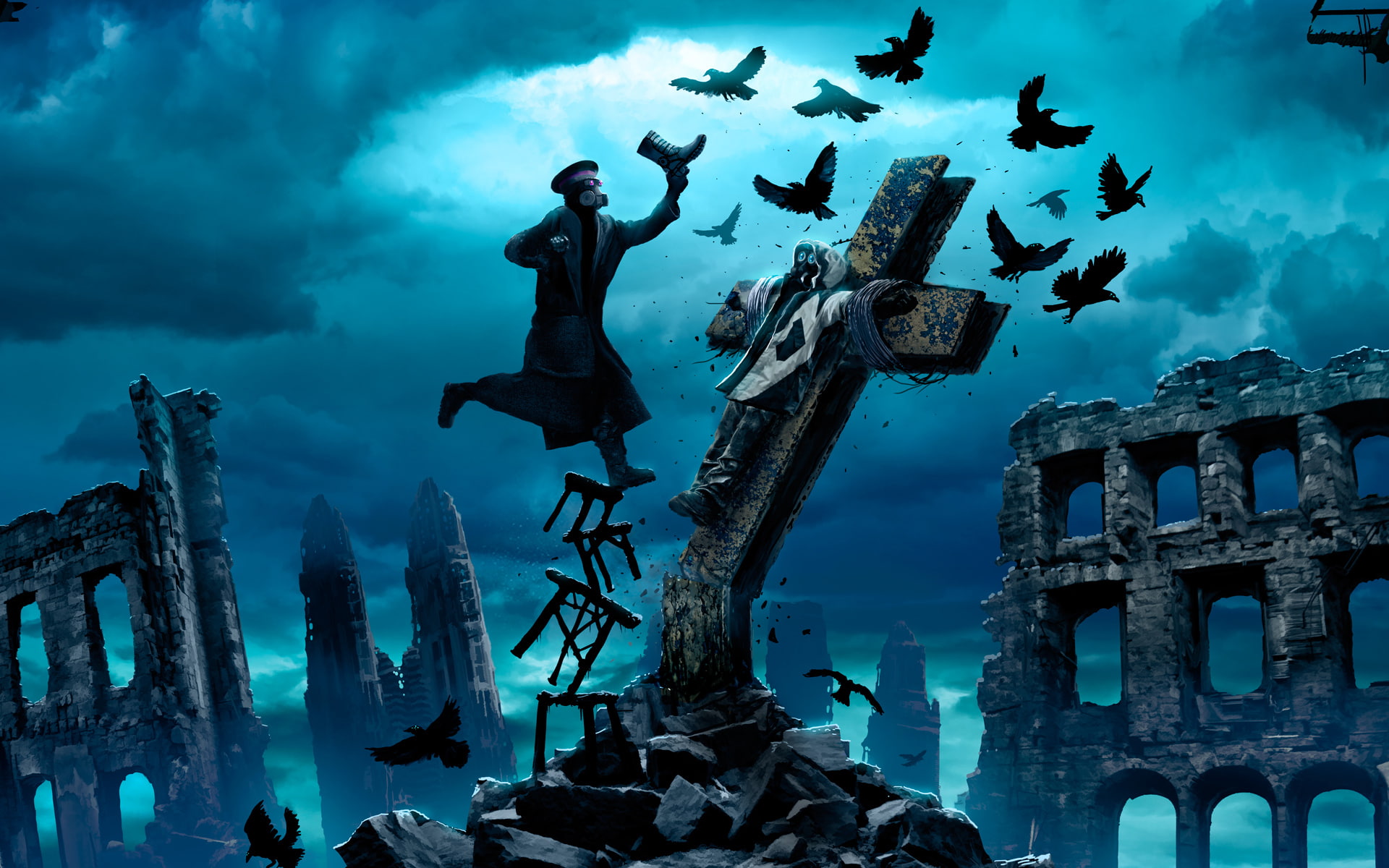 the crucifixion, zee captain, the sky, birds, Romantically Apocalyptic, alexiuss, clouds, ruins, crows, 1080P, cross, stool, people, HD Wallpaper
