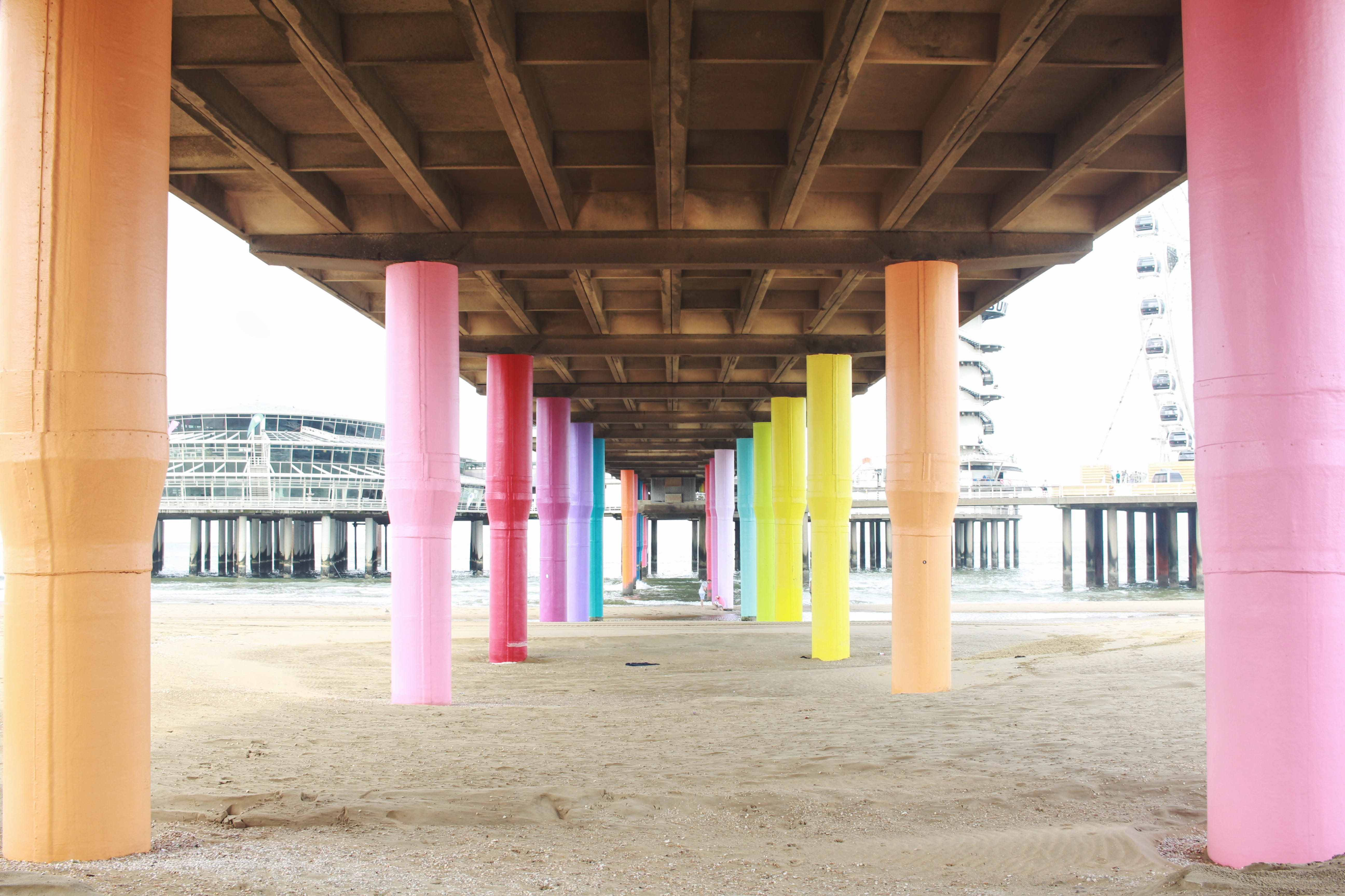 pier, architectural column, no people, zee, scheveningen, ceiling, bridge - man made structure, land, holland, outdoors, colors, architecture, beach, sand, HD Wallpaper