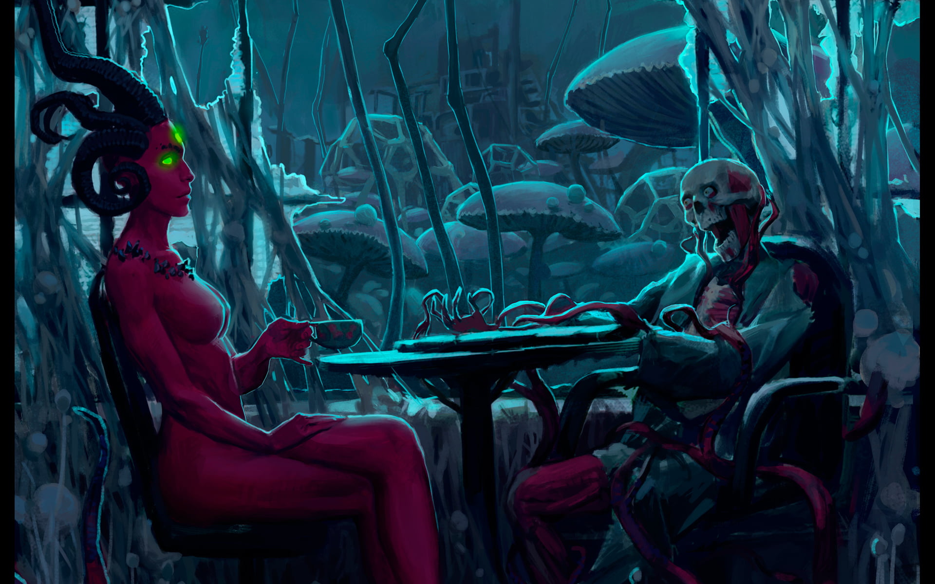alexiuss, seat, women, water, indoors, romantic apocalyptic, Zee Captain, real people, horns, clothing, young women, table, chair, dead, red, lifestyles, HD Wallpaper