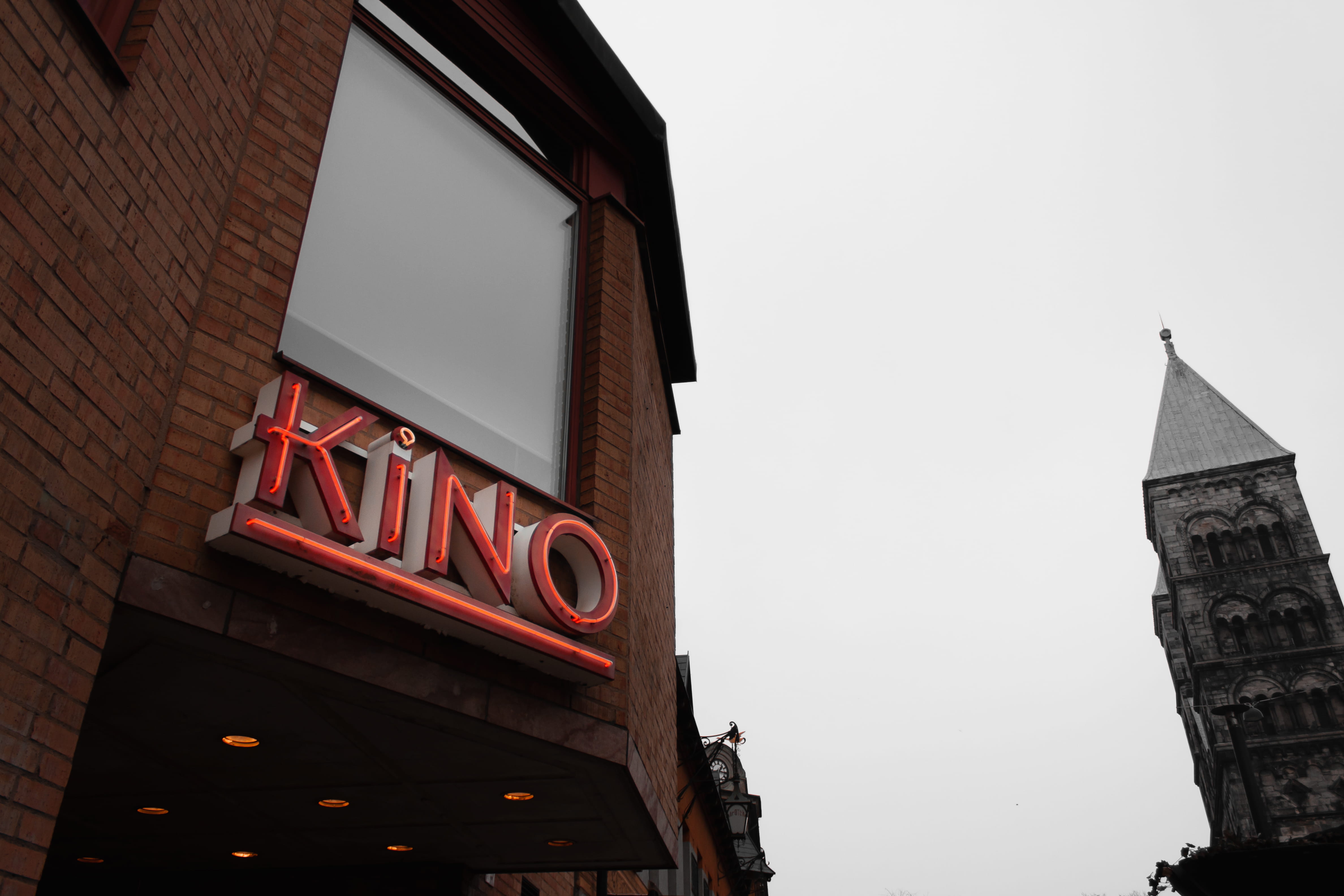 indoors, western script, day, cinema hd 1.2.8, low angle view, outdoors, banister, restaurant, sweden, architecture, text, sign, neon, handrail, clear sky, HD Wallpaper