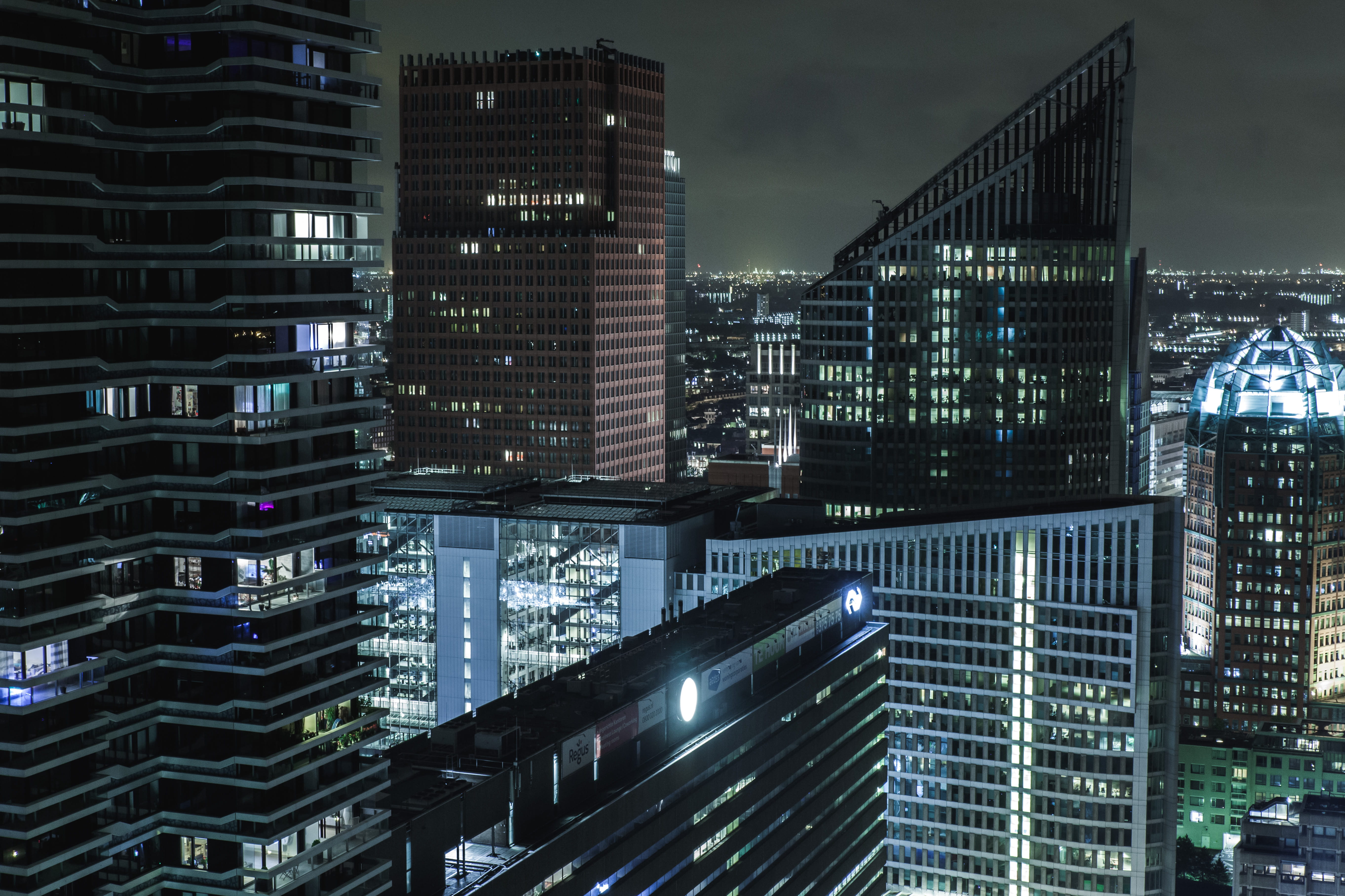 nature, sky, city, netherlands, skyscraper, office, illuminated, den haag, 5K, new babylon, buildings, tall - high, no people, tower, skyscrapers, building exterior, HD Wallpaper