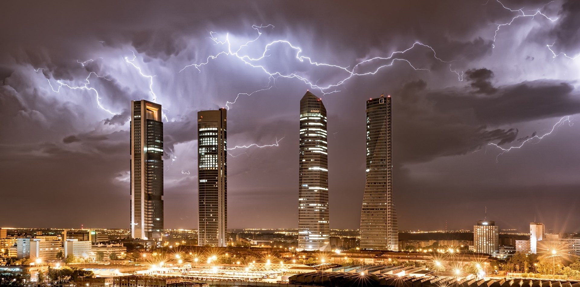 Cloud, Man Made, Madrid, City, Skyscraper, Spain, Night, Building, 1080P, Lightning, HD Wallpaper