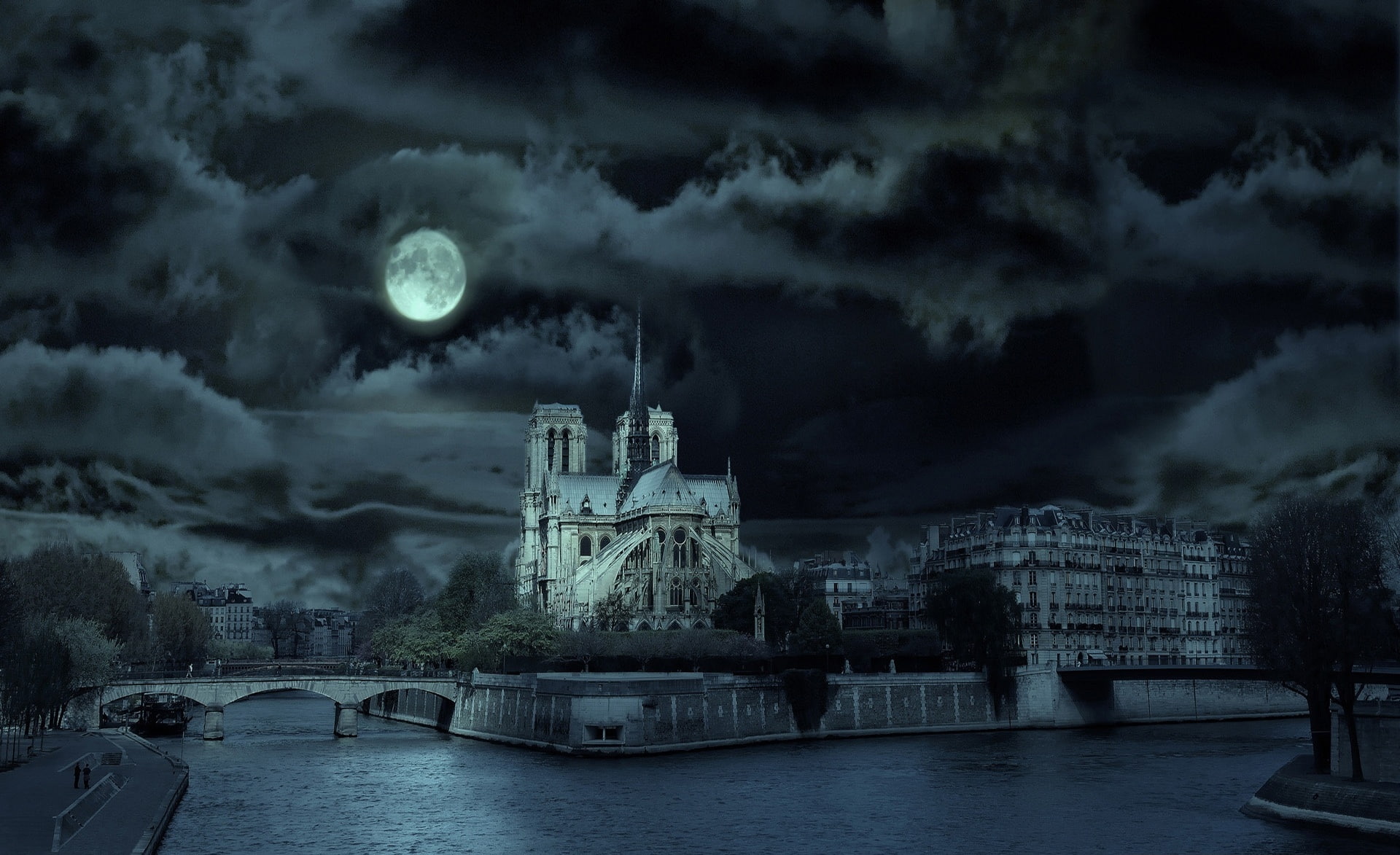 France, history, Paris, sky, city, building, water, architecture, Dame, building exterior, travel destinations, cloud - sky, high, Europe, 1080P, outdoors, HD Wallpaper