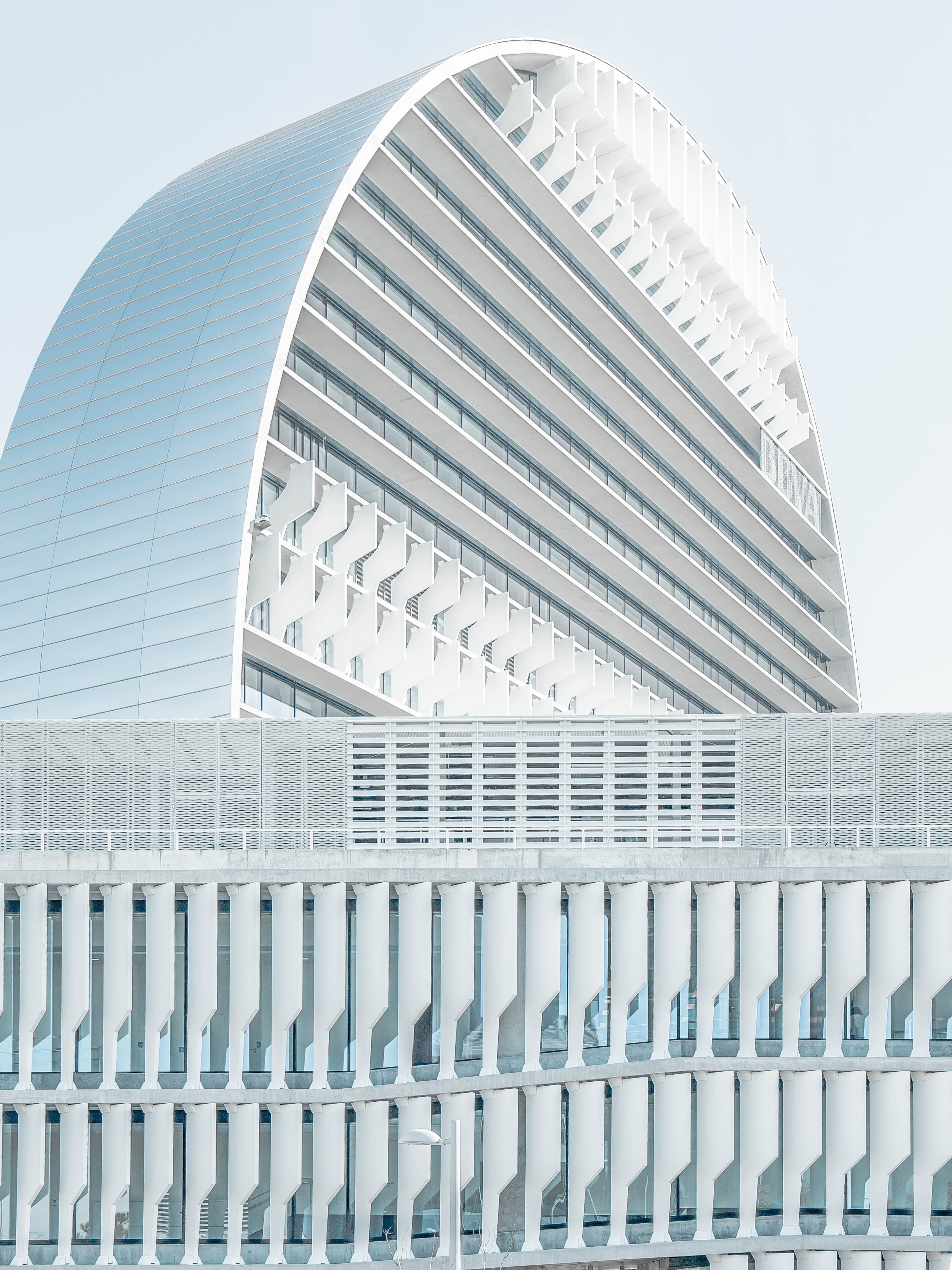 sky, white, railing, circle, building, blue, skyscraper, design, no people, pattern, spain, madrid, concrete, modern, line, half, clean, geometry, silver colored, Phone HD Wallpaper