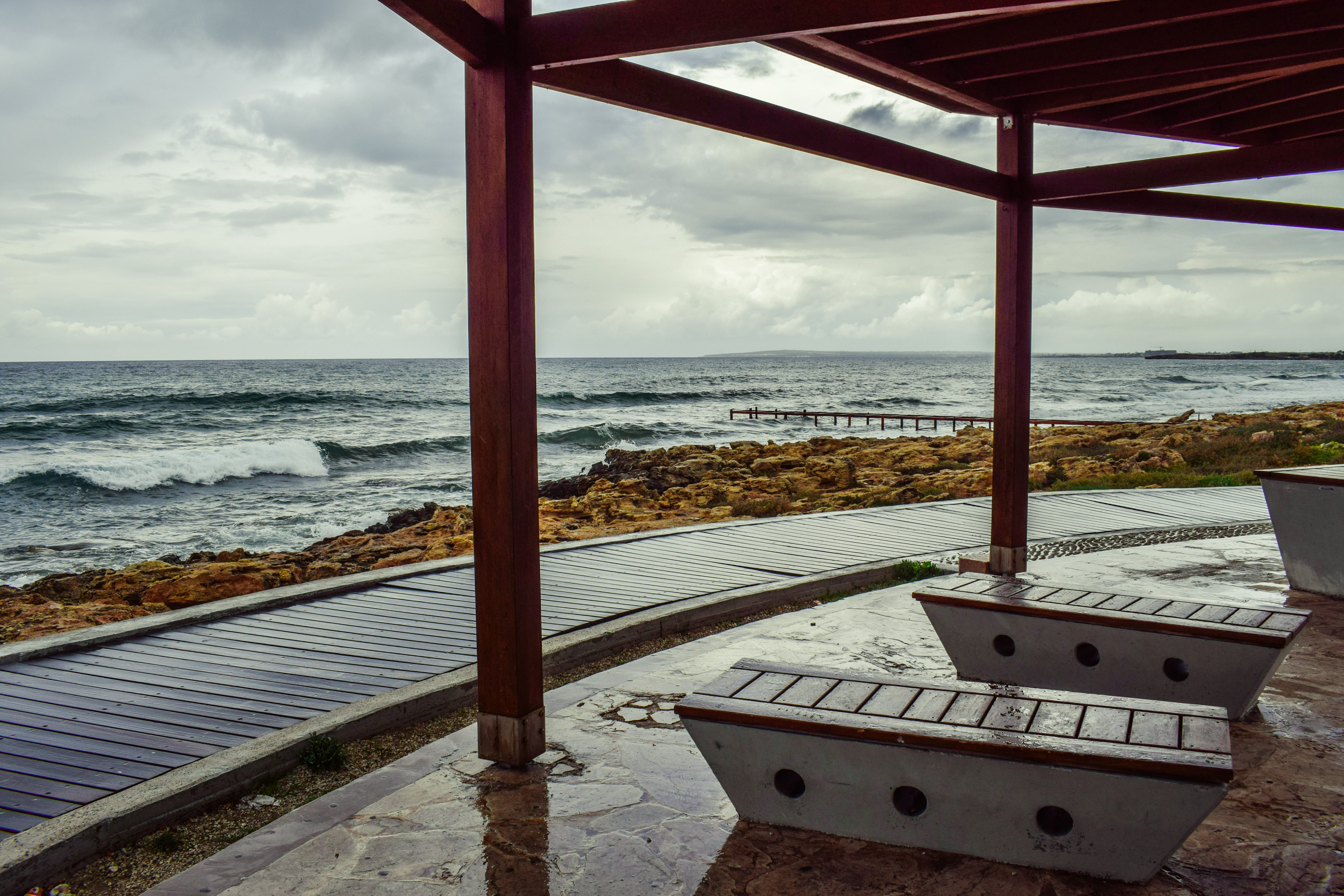 ayia napa, no People, cloud - sky, beach, Architecture, coastal path, scenics - nature, coastline, day, Bench, railing, horizon, cloudy, scenics, 5K, transportation, HD Wallpaper