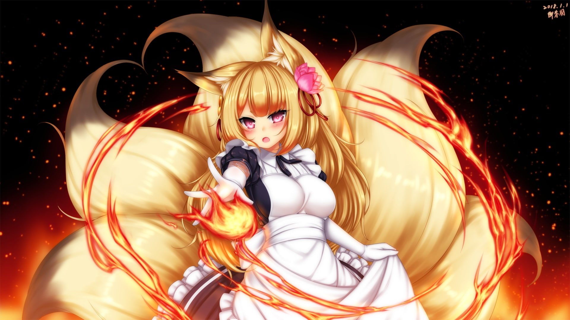 konachan, blonde, ears, hair, animal, tail, playjoe2005, dress, multiple, signed, sensou, eyes, 1080P, magic, flowers, fire, 257972, blush, sennen, long, HD Wallpaper