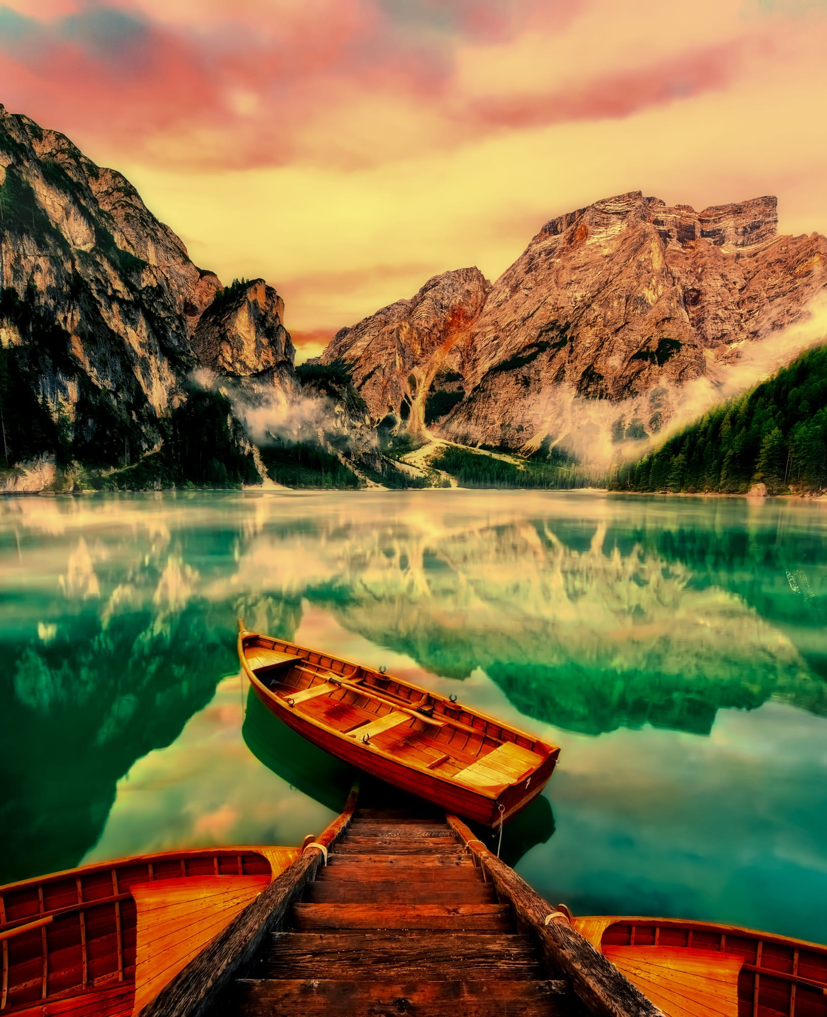 mountains, mode of transportation, 1080P, moored, brown, tranquil scene, sunset, body, cloud - sky, boats, nature, tranquility, water, scenics - nature, Phone HD Wallpaper