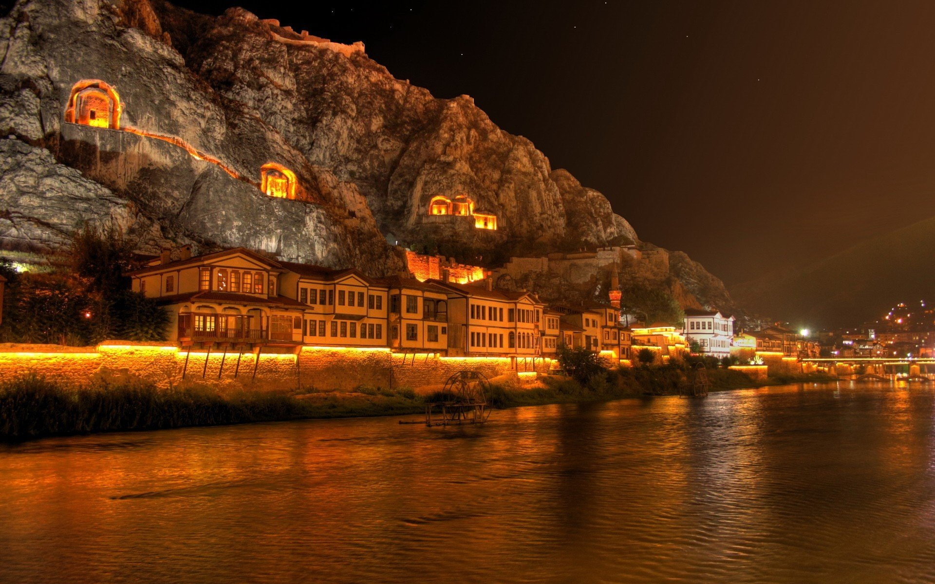 building exterior, nautical vessel, rock building coast night lights turkey amasya, river, illuminated, reflection, street, no people, dusk, travel destinations, HD Wallpaper