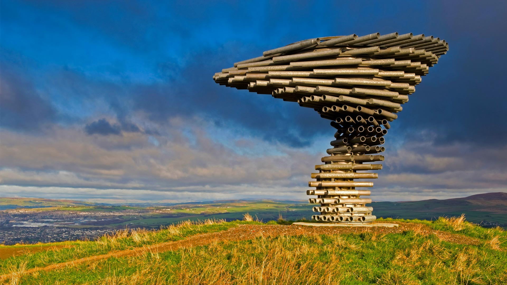 clouds, UK, grass, scenics - nature, sculpture, nature, day, hills, spiral, pipes, gray, travel destinations, town, artwork, architecture, container, field, HD Wallpaper
