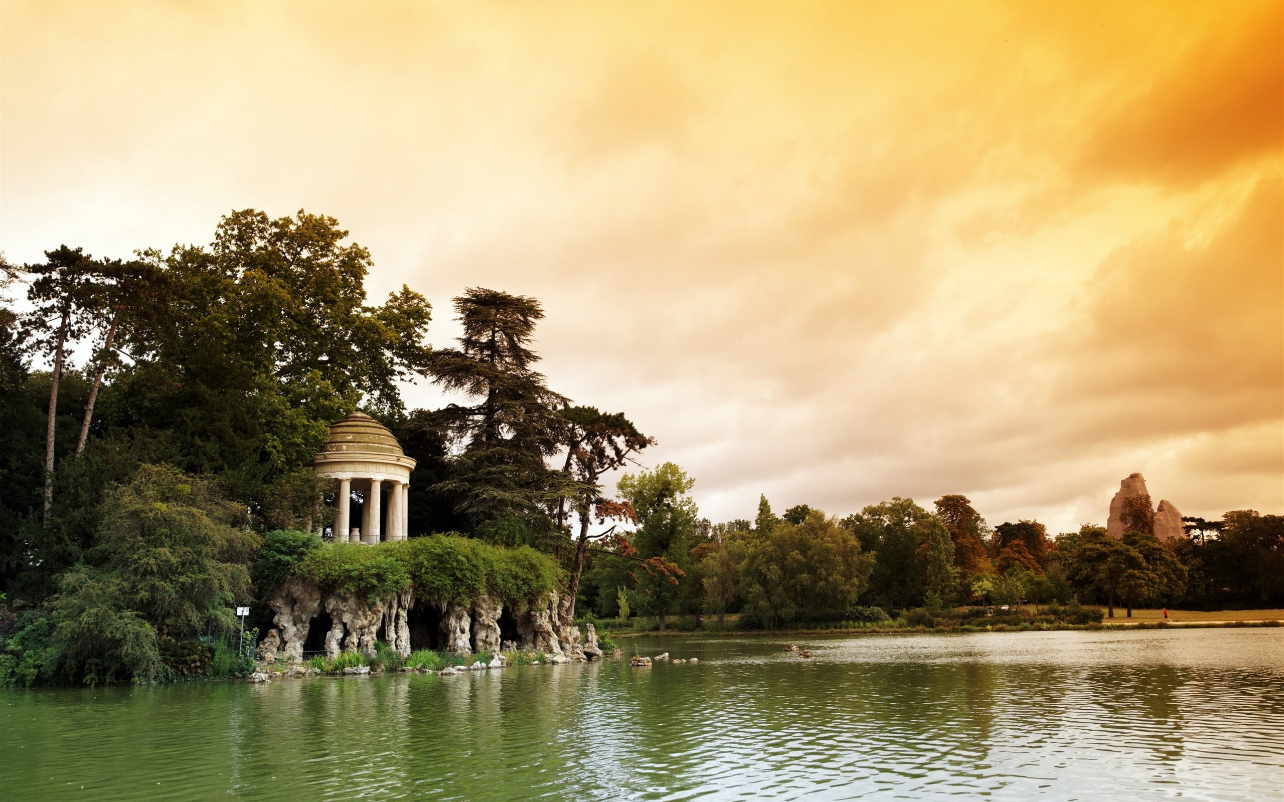 seashore, Paris, sunset, 2K, bois, Trees, de, Clouds, Parc, Vincennes, Dusk, Lake, France, HD Wallpaper