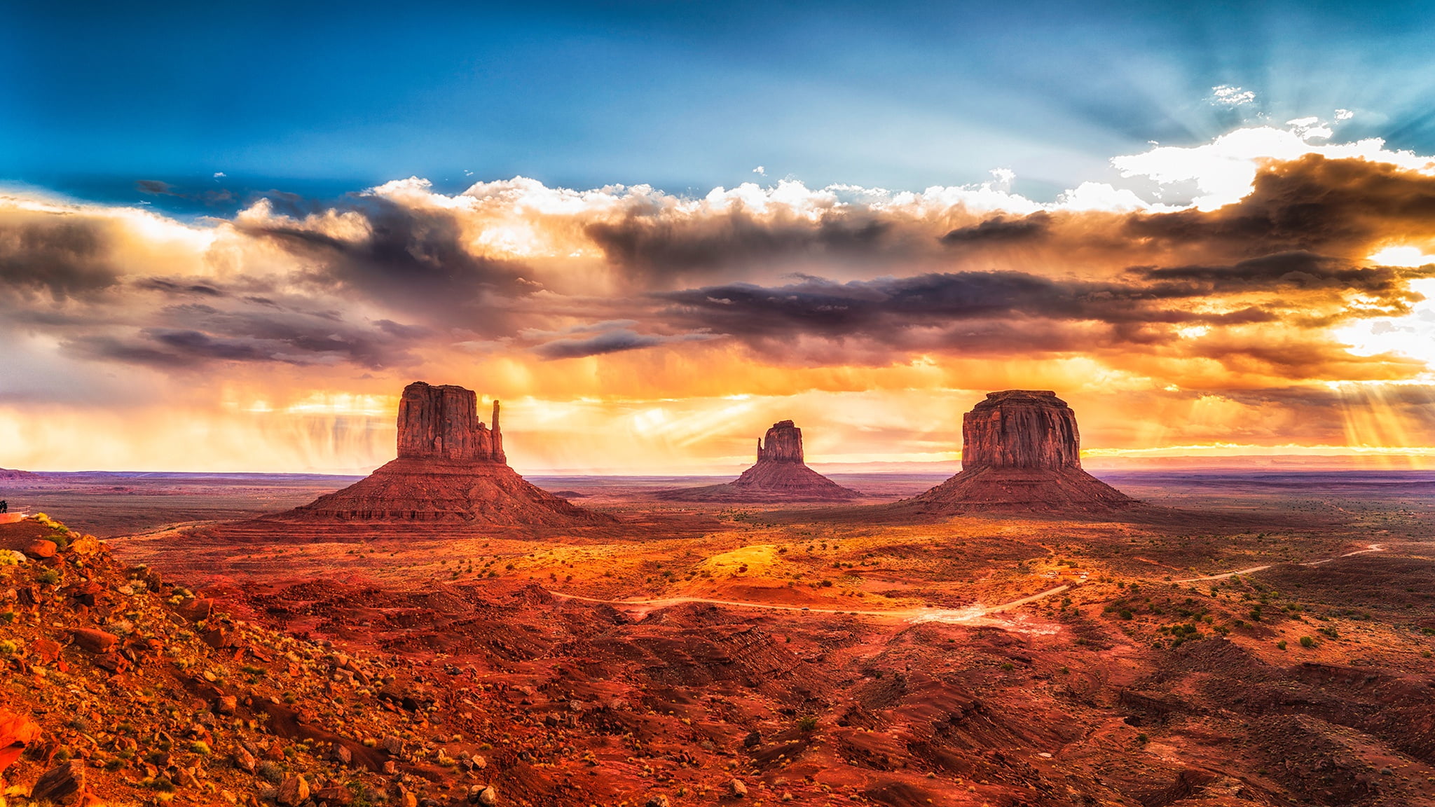 the sky, dawn, Arizona, rocks, 1080P, clouds, AZ, stones, space, desert, horizon, USA, the sun, Monument Valley, HD Wallpaper