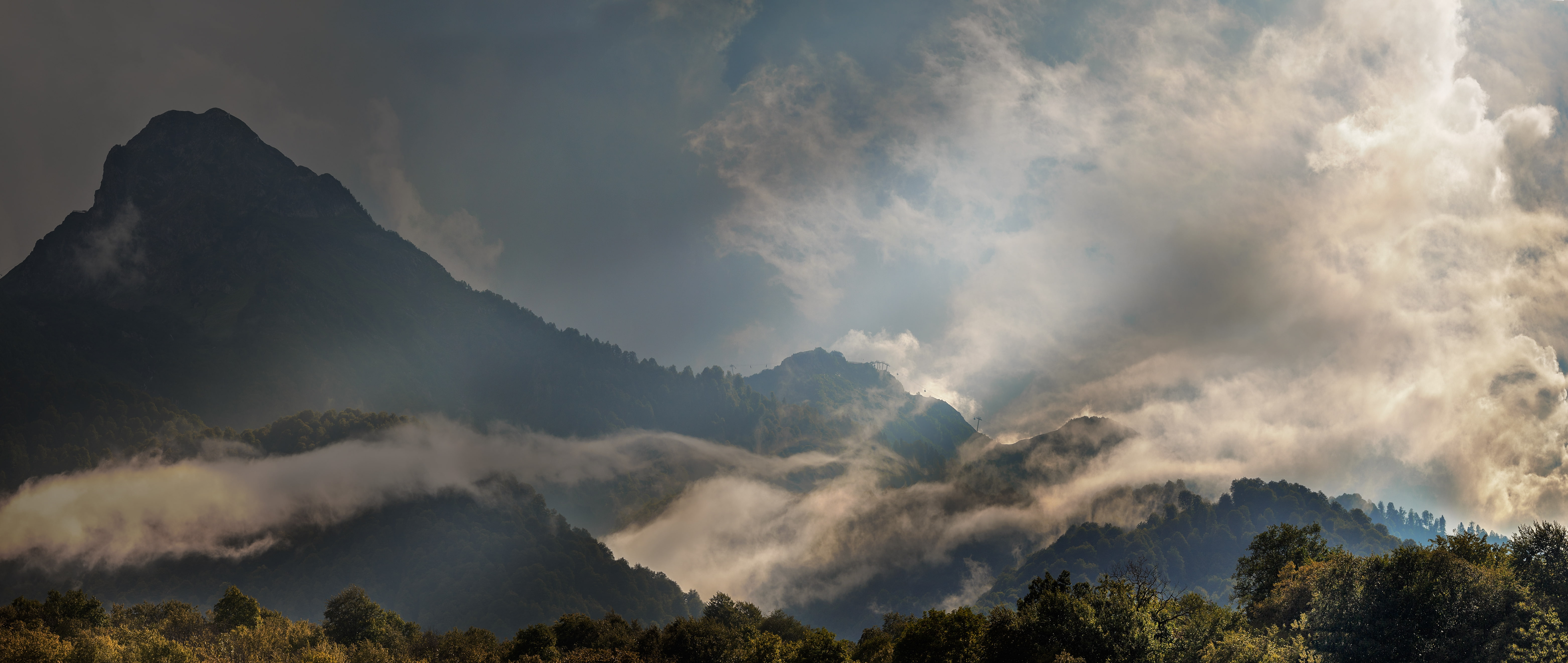 cloud - sky, fog, tree, mountain, mountain range, clouds, nature, mountain peak, Caucasus Mountains, landscape, ominous, no people, pine tree, sunbeam, HD Wallpaper