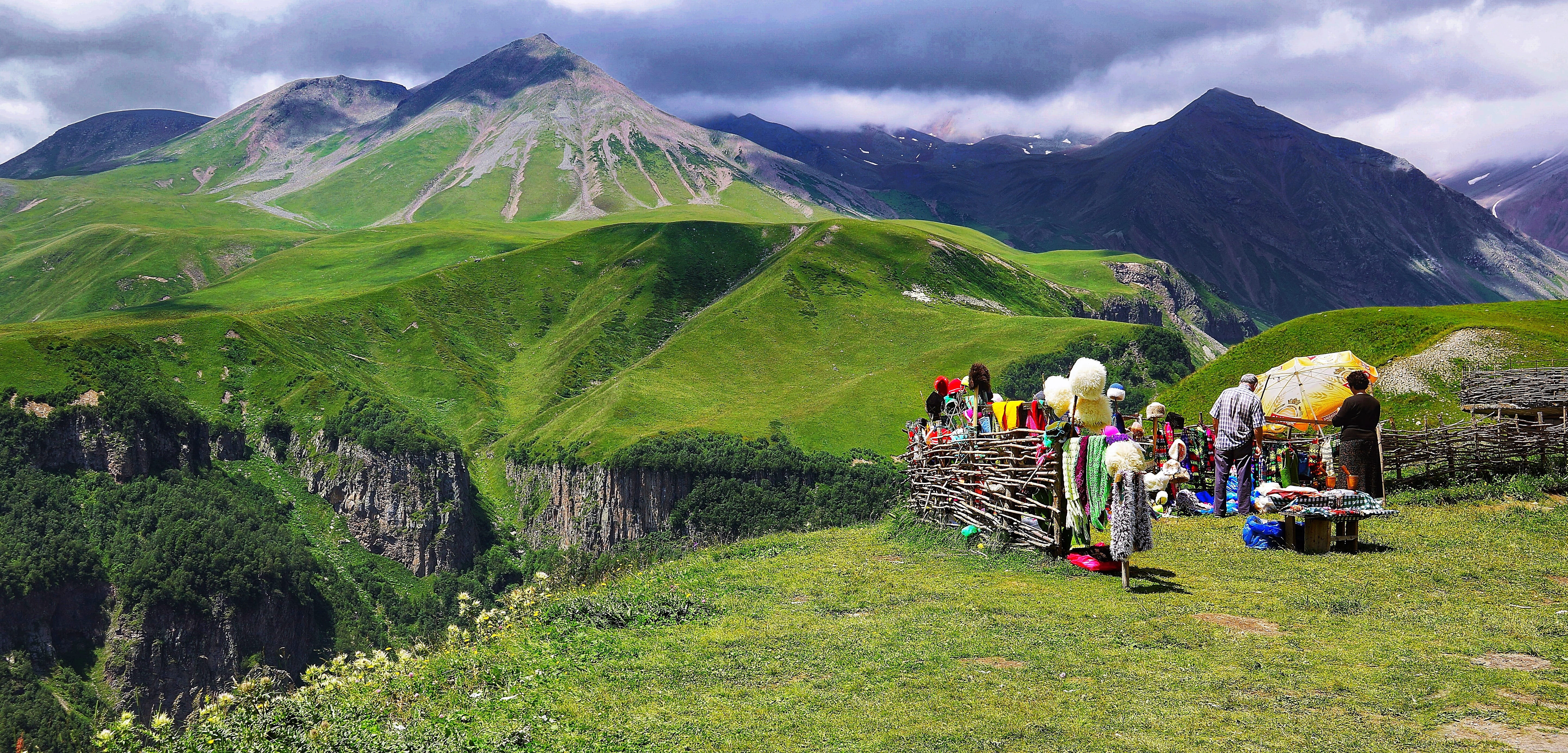 mountain range, land, sky, homemade, tranquil scene, men, landscape, environment, green color, mountains, destination, nature, group of people, caucasus, HD Wallpaper