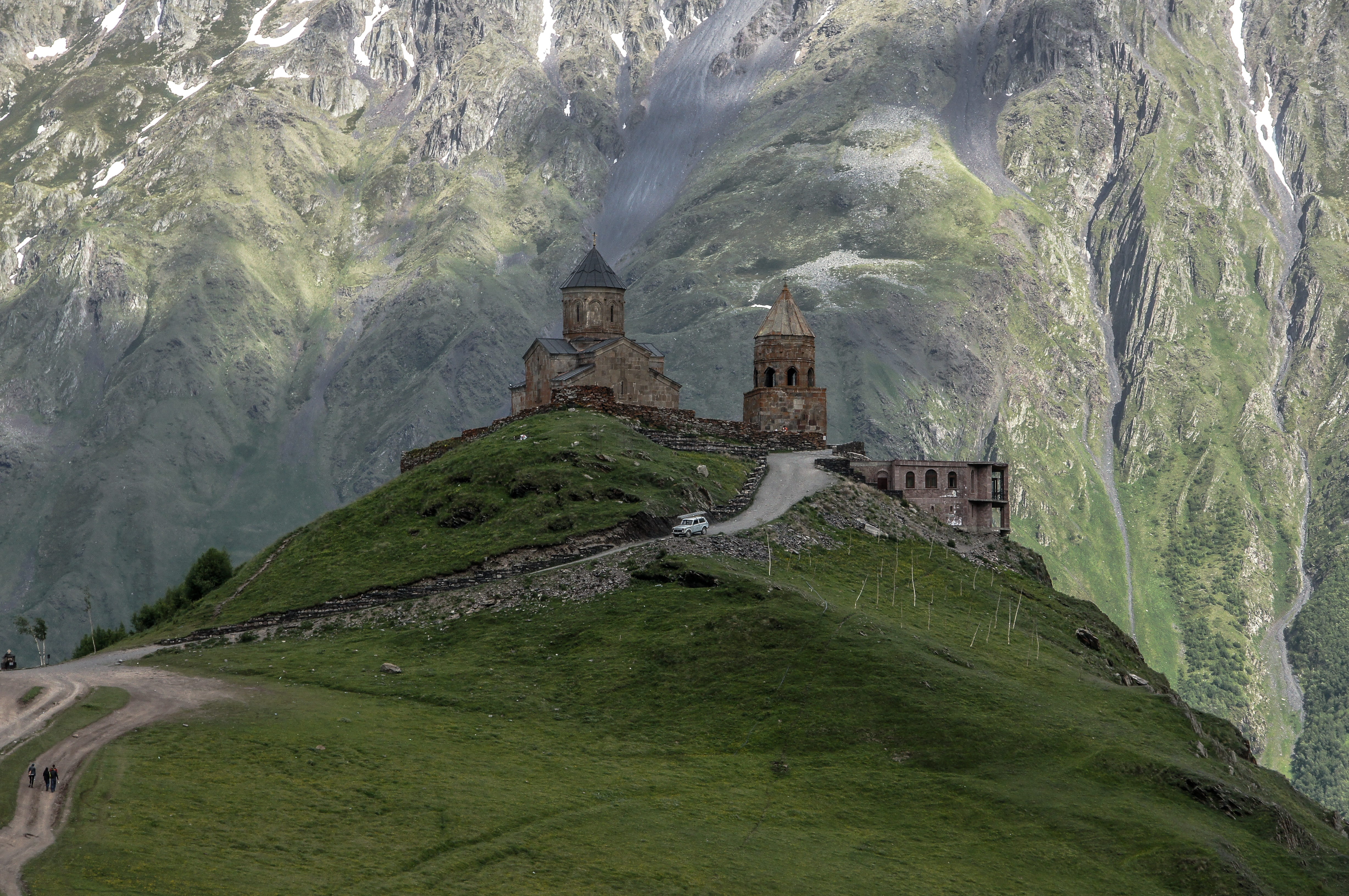 plant, stepantsminda, monastery, mtianeti, place of worship, on top, scenic, tourism, outdoors, concrete, brown, architecture, landscape, travel, caucasus, HD Wallpaper