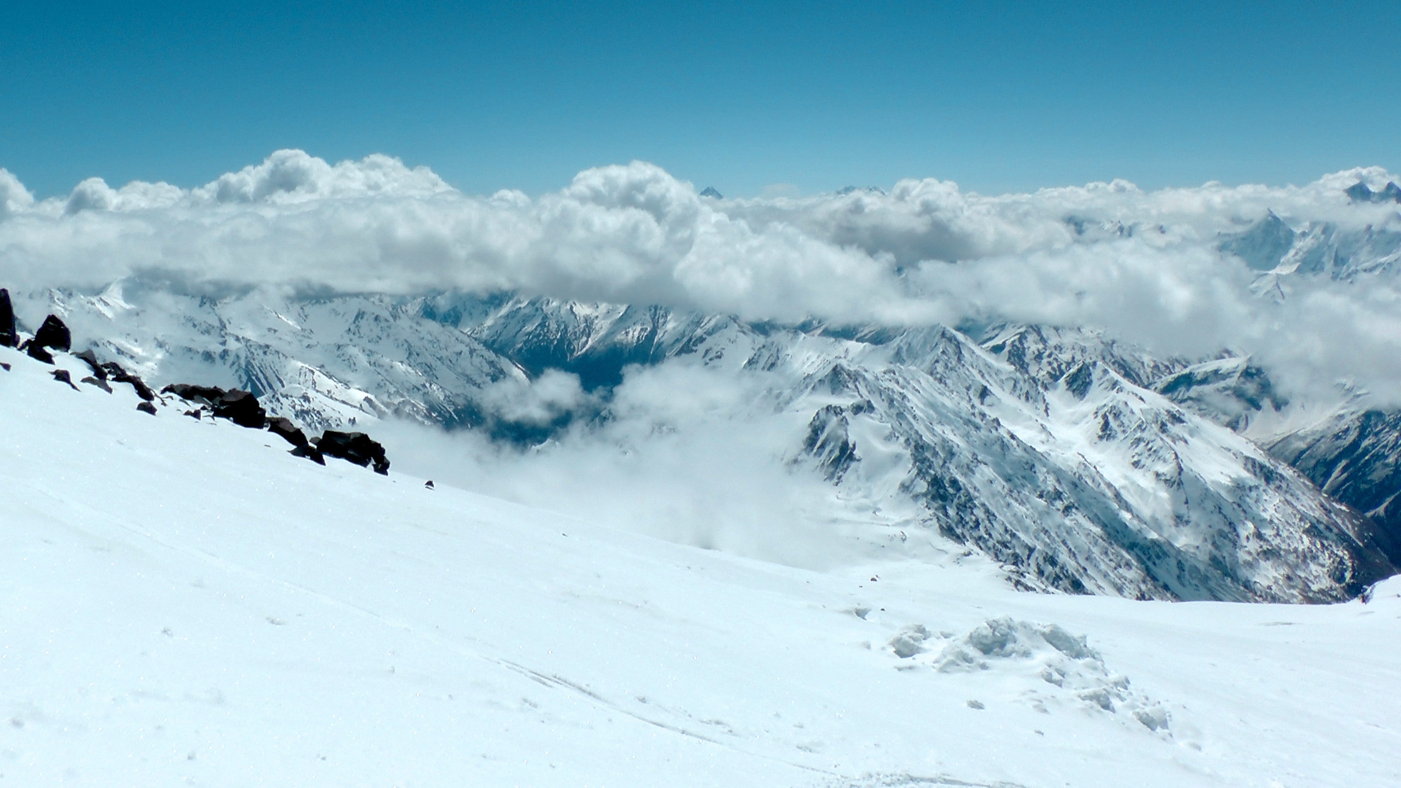 winter, Mountains, Elbrus, tranquil scene, coniferous tree, landscape, cold temperature, snowcapped mountain, sun, land, cloud - sky, ice, the caucasus, HD Wallpaper