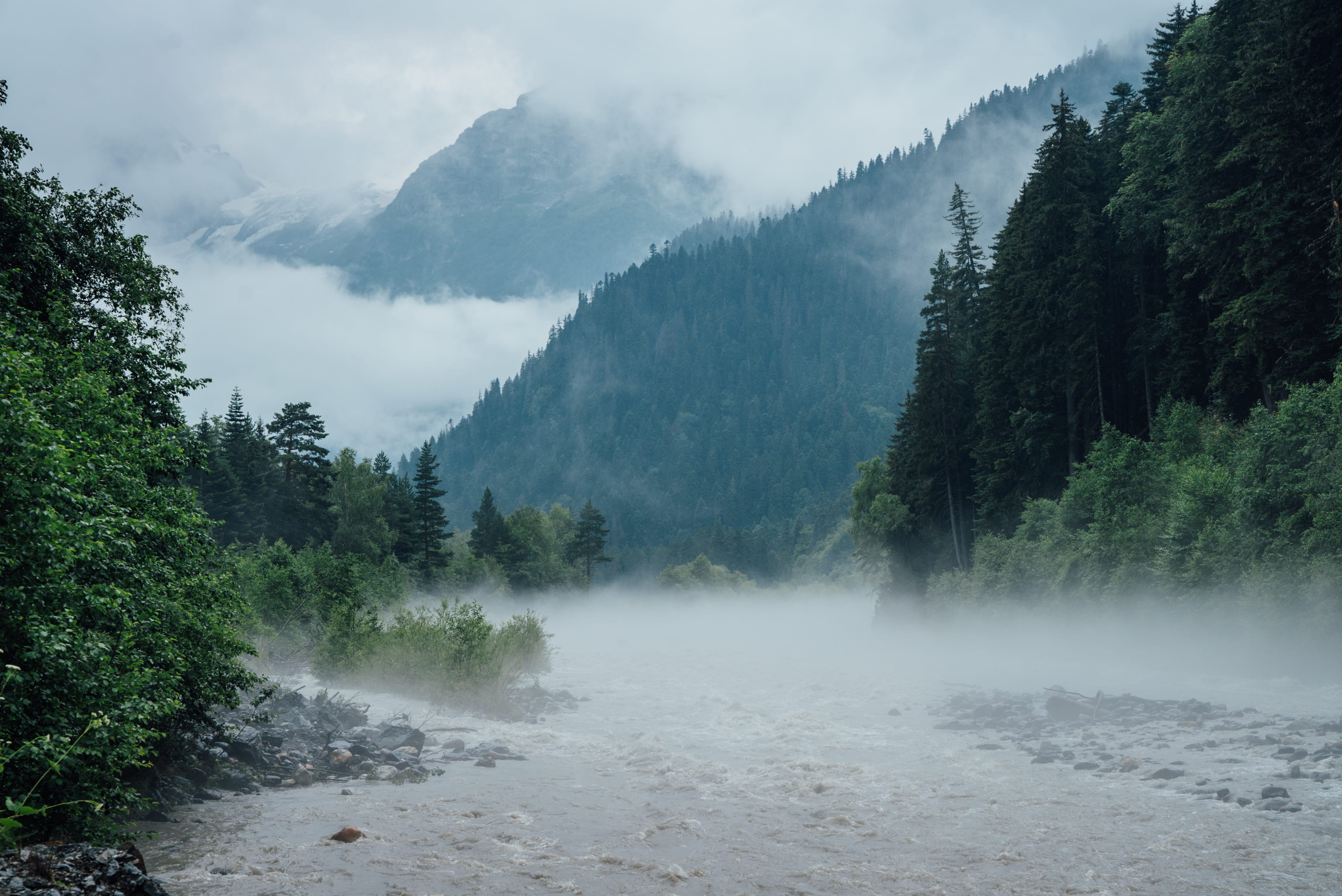 idyllic, 4K, scenics - nature, non-urban scene, beauty in nature, mountain, fog, forest, outdoors, flowing, plant, no people, day, river, tranquil scene, HD Wallpaper