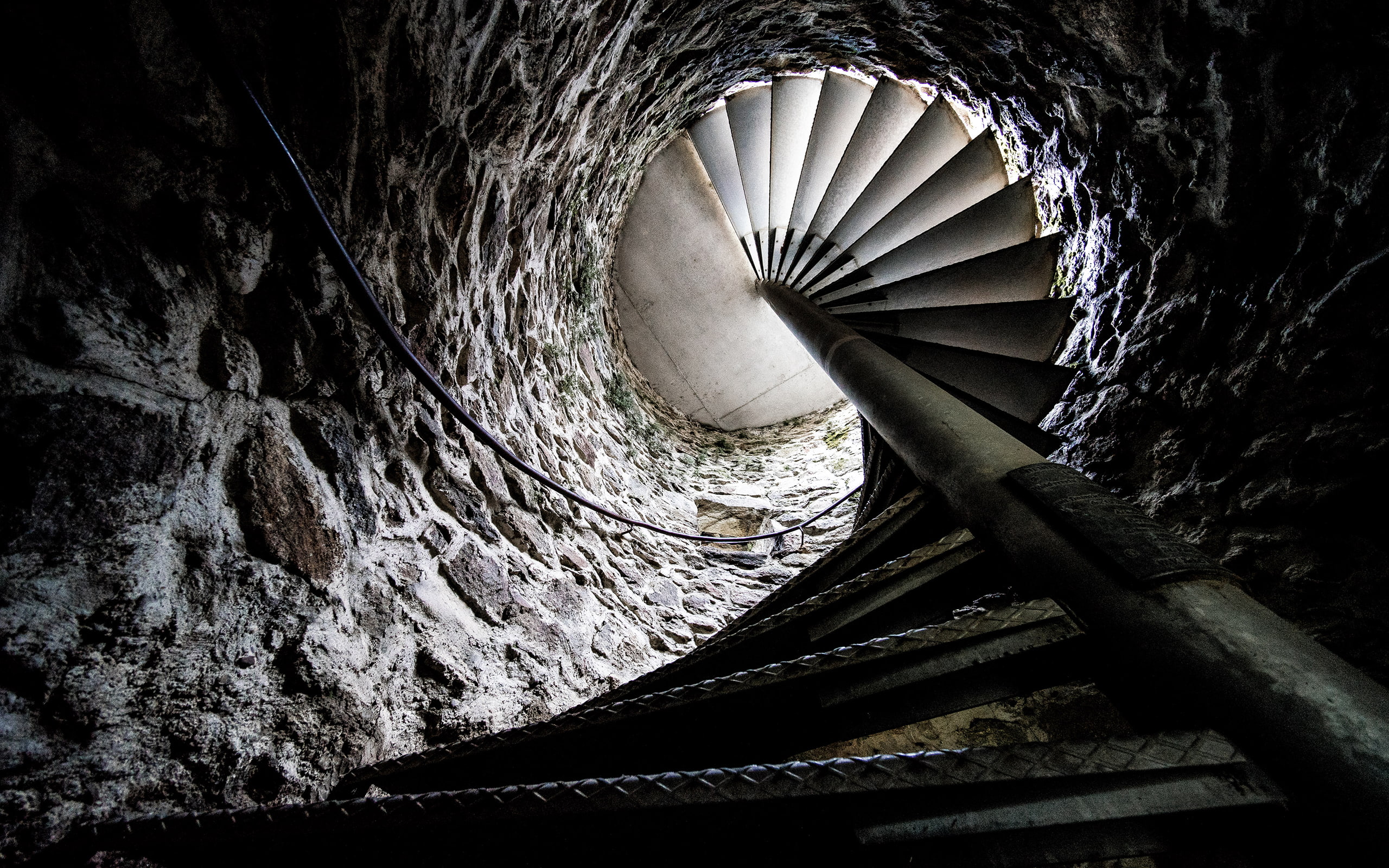 stairs, stone wall, metal, staircase, stones, 2K, worms eye view, HD Wallpaper