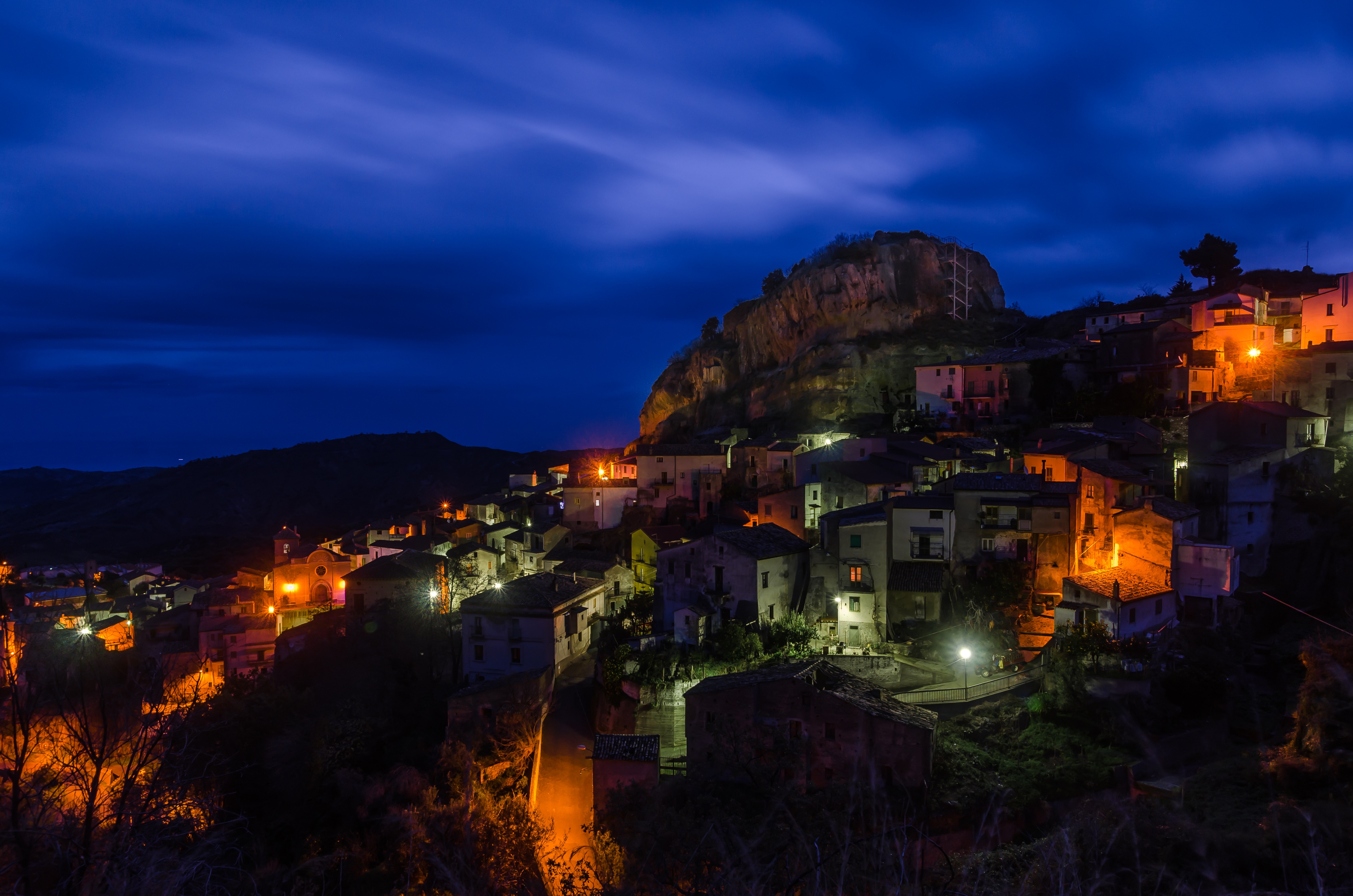 lighting, townscape, lights, landscape, illuminated, blue, italy, calabria, town, built structure, pietrapaola, outdoors, building, cloud - sky, night, HD Wallpaper