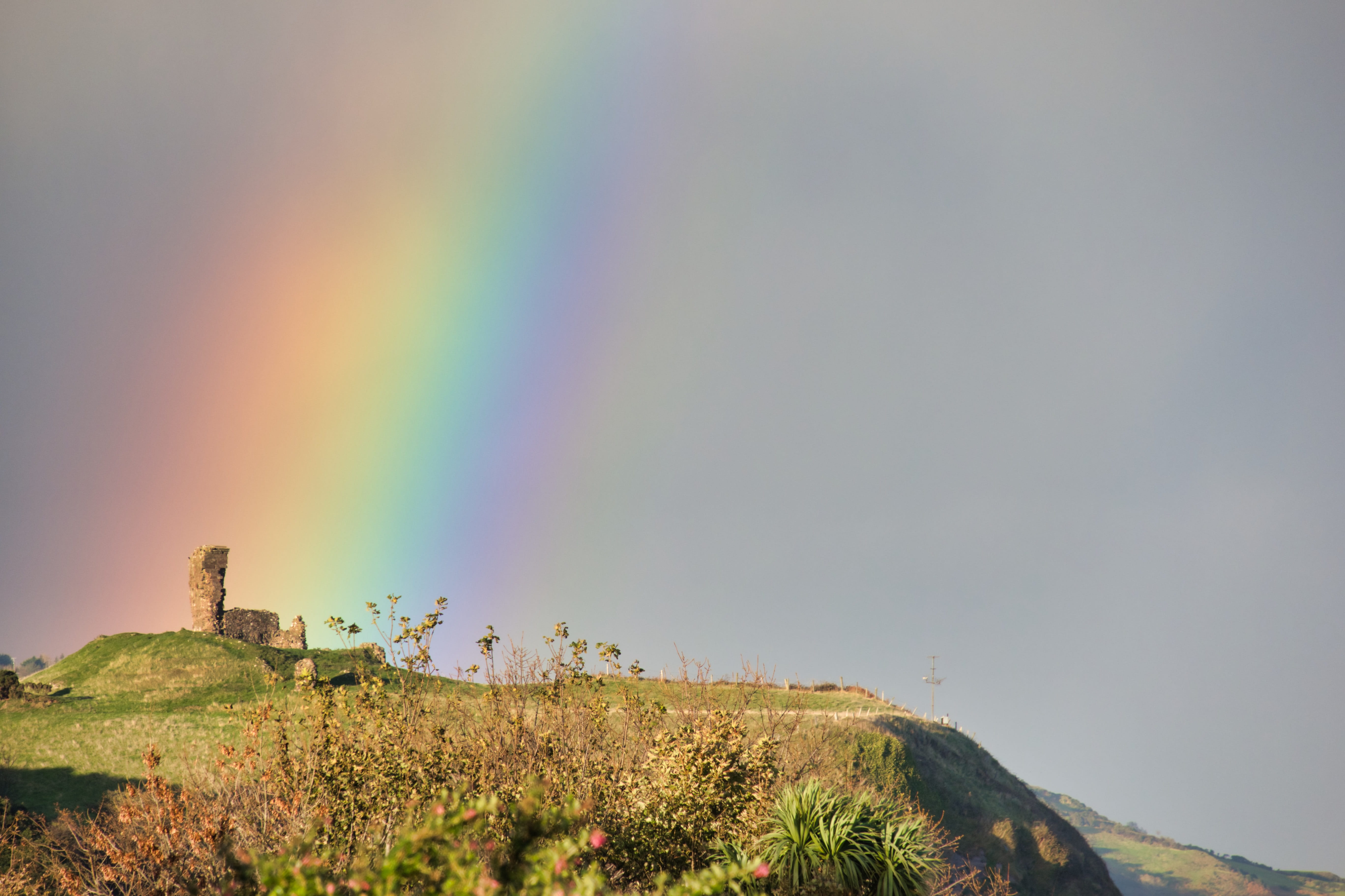 idyllic, outdoors, double rainbow, non-urban scene, ruin, 5K, sky, tree, plant, nature, no people, castle, multi colored, tranquility, northern ireland, HD Wallpaper