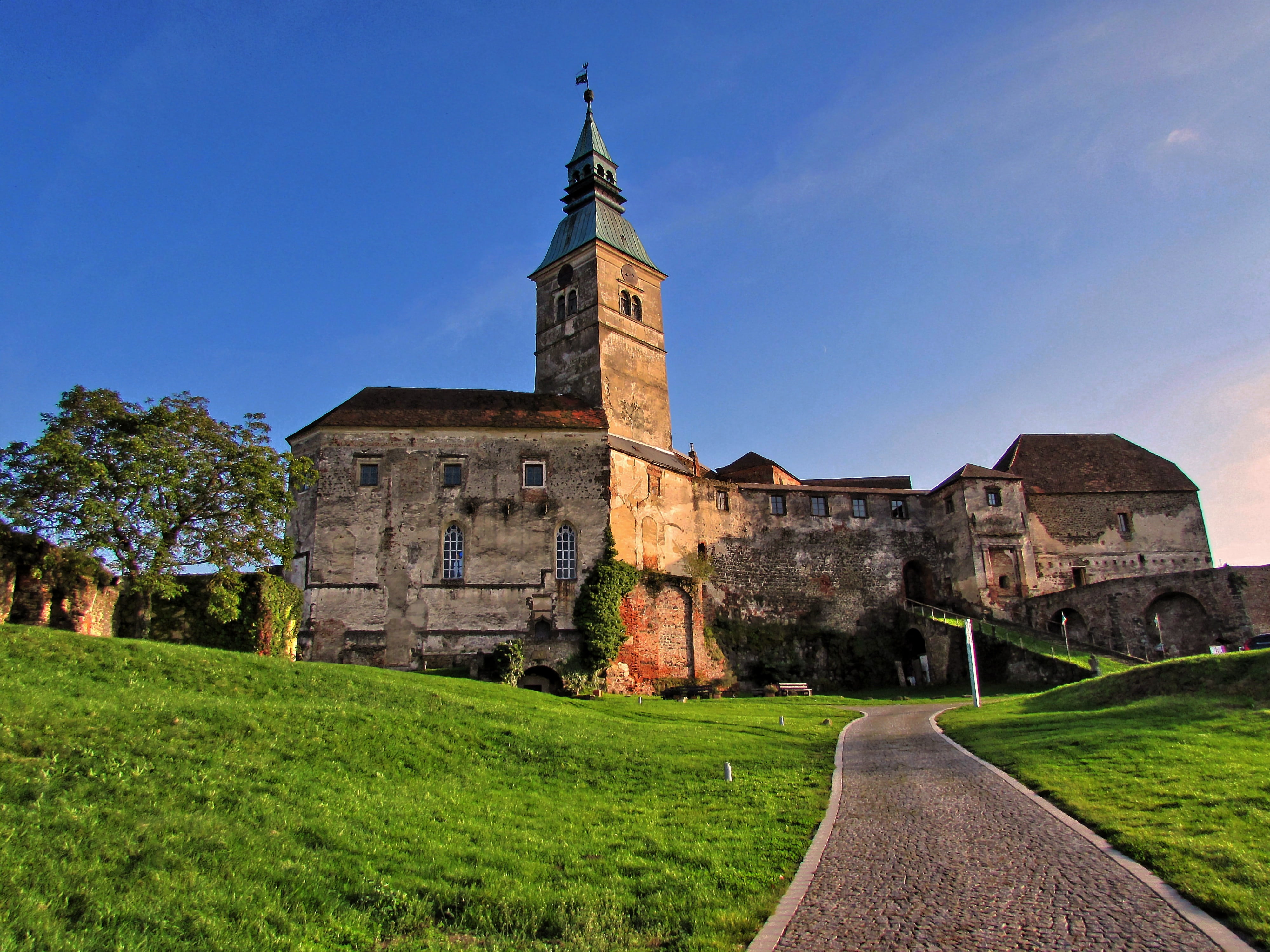 outdoors, hdr image, building, travel destinations, nature, the past, place of worship, burgruine, tourism, blue, green color, no people, burg güssing, HD Wallpaper