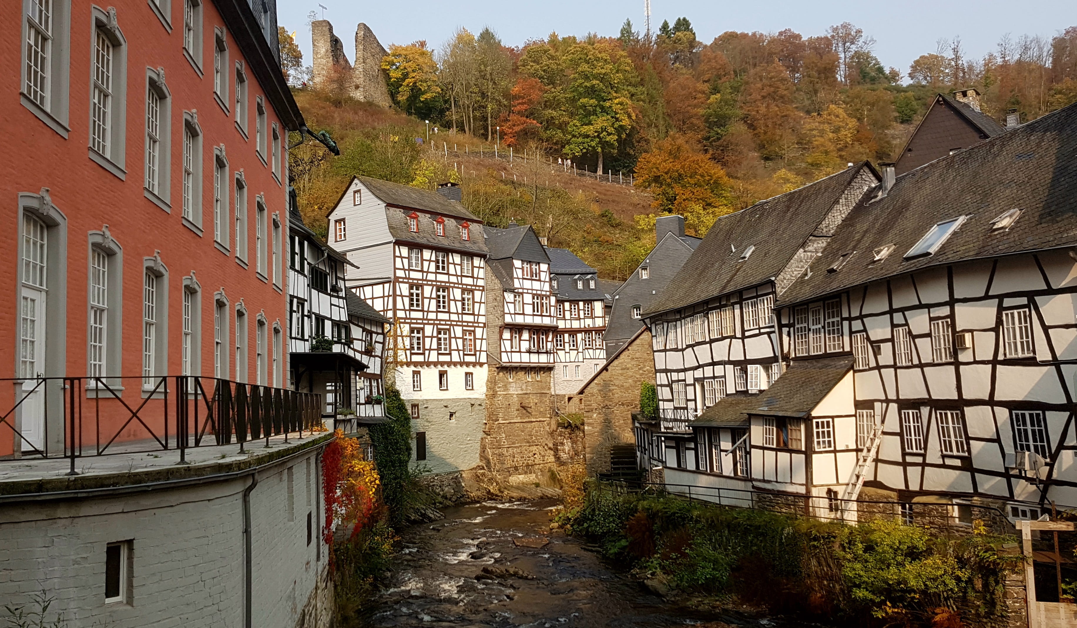 direction, rur, day, monschau, row house, architecture, 2K, nature, building, historically, no people, autumn, building exterior, burgruine, idyllic, truss, HD Wallpaper