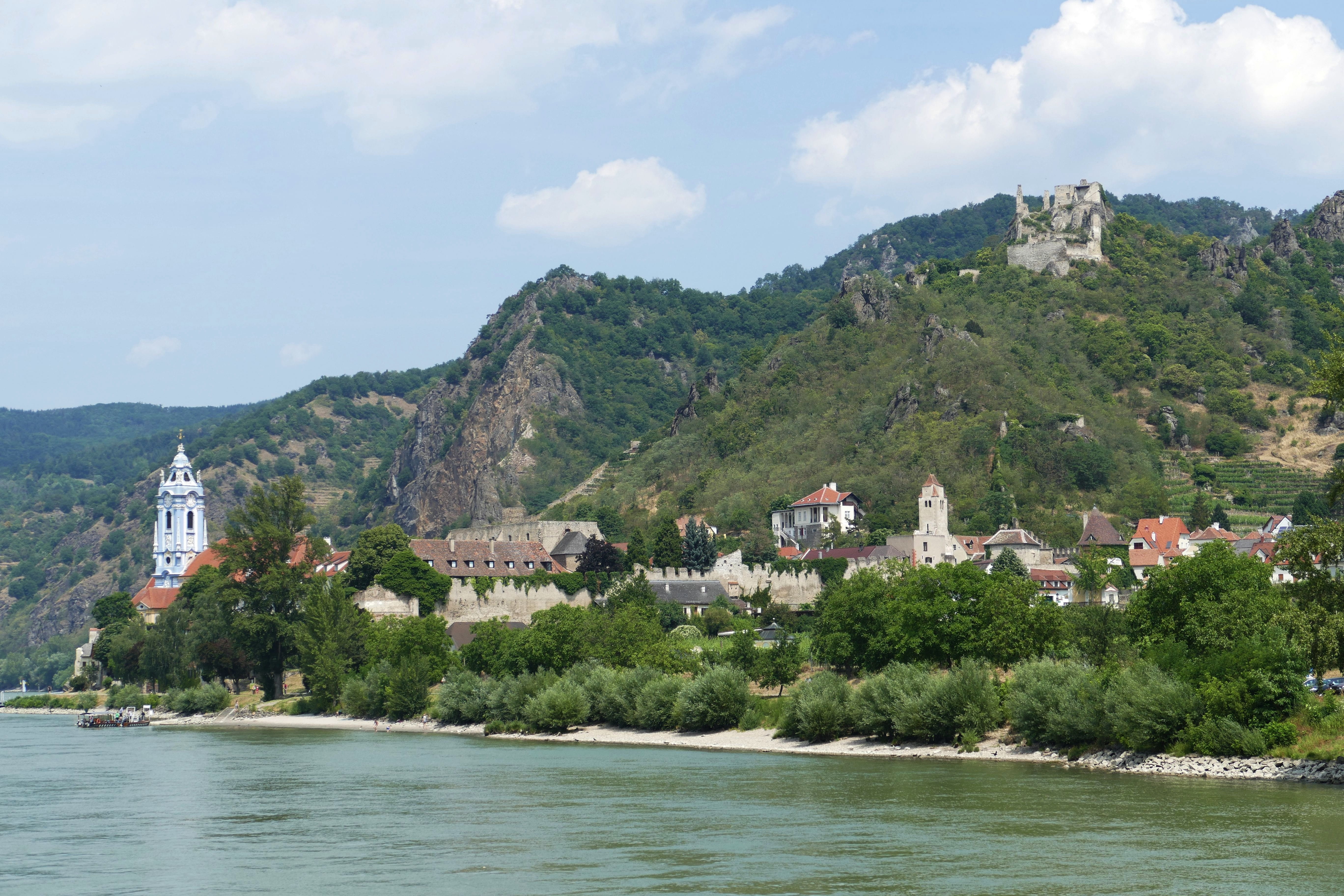river cruise, near, water, waterfront, mountain, land, historically, world heritage, Wachau, trees, day, landscape, green color, Danube, built structure, HD Wallpaper